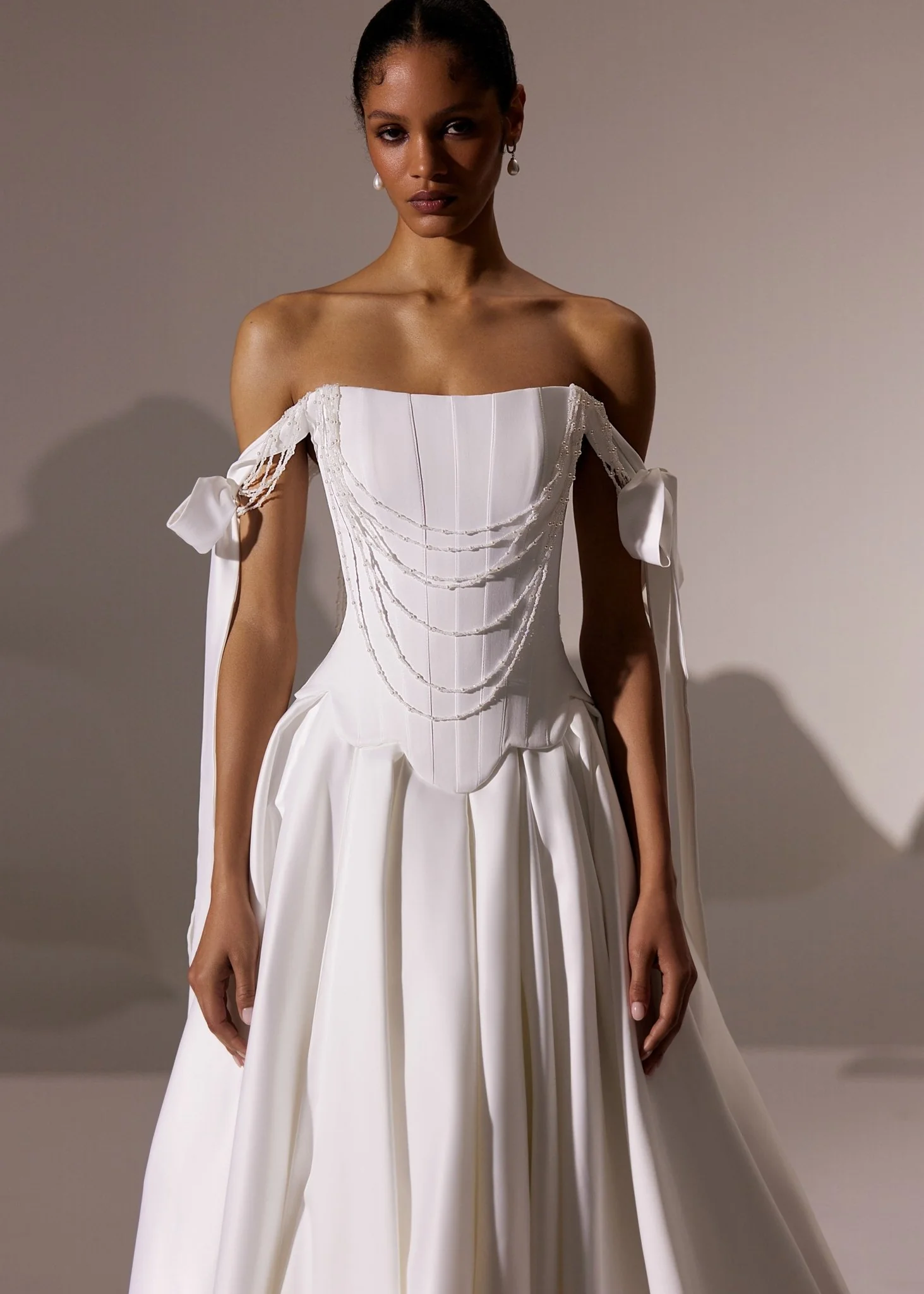 White Off-Shoulder Corset Wedding Gown with Draped Bodice and Flowing Train - Plus Size - Image 2