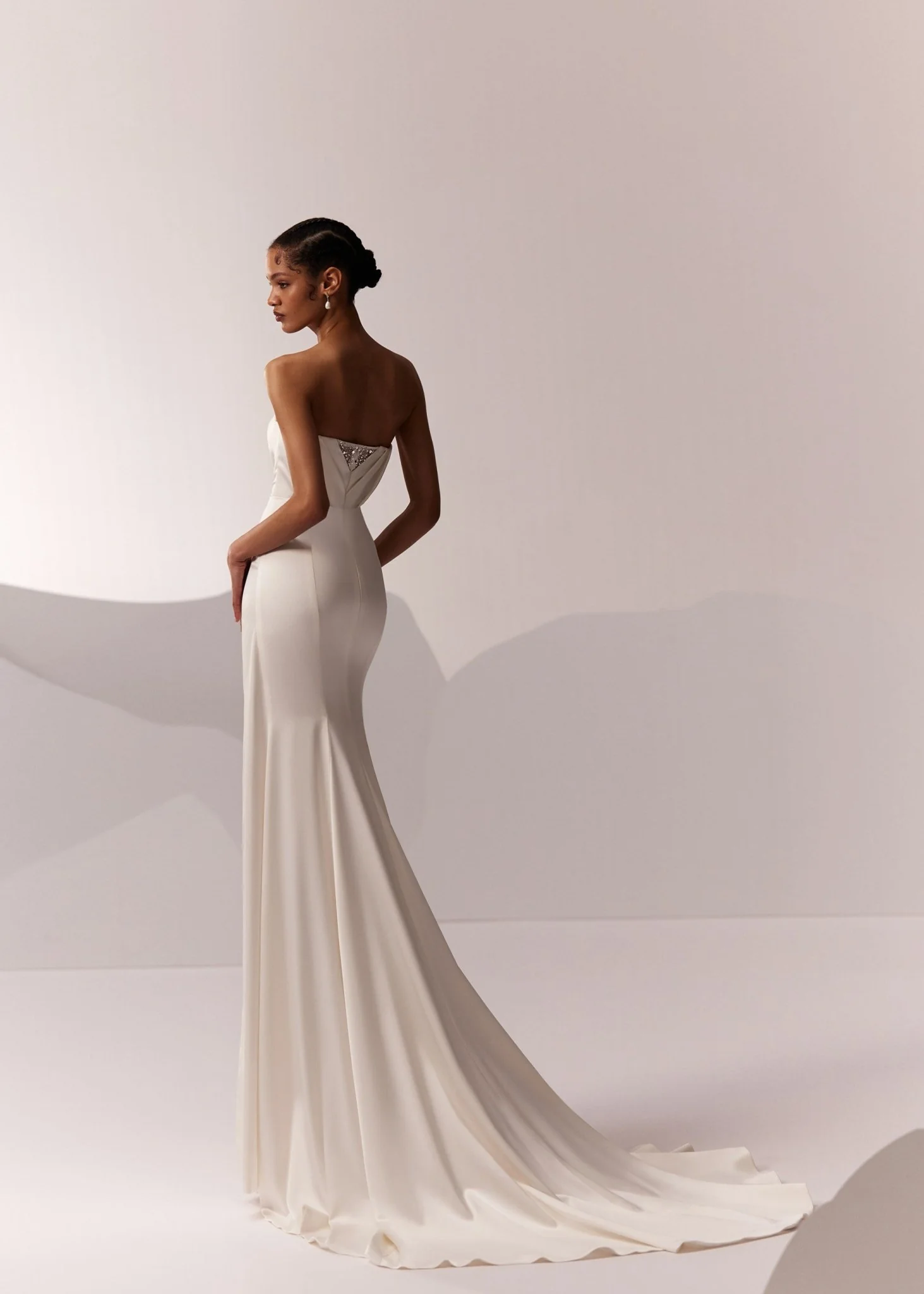 White Satin Off-Shoulder Wedding Dress with Bow Detail Sleeves and Flowing Train - Plus Size - Image 4