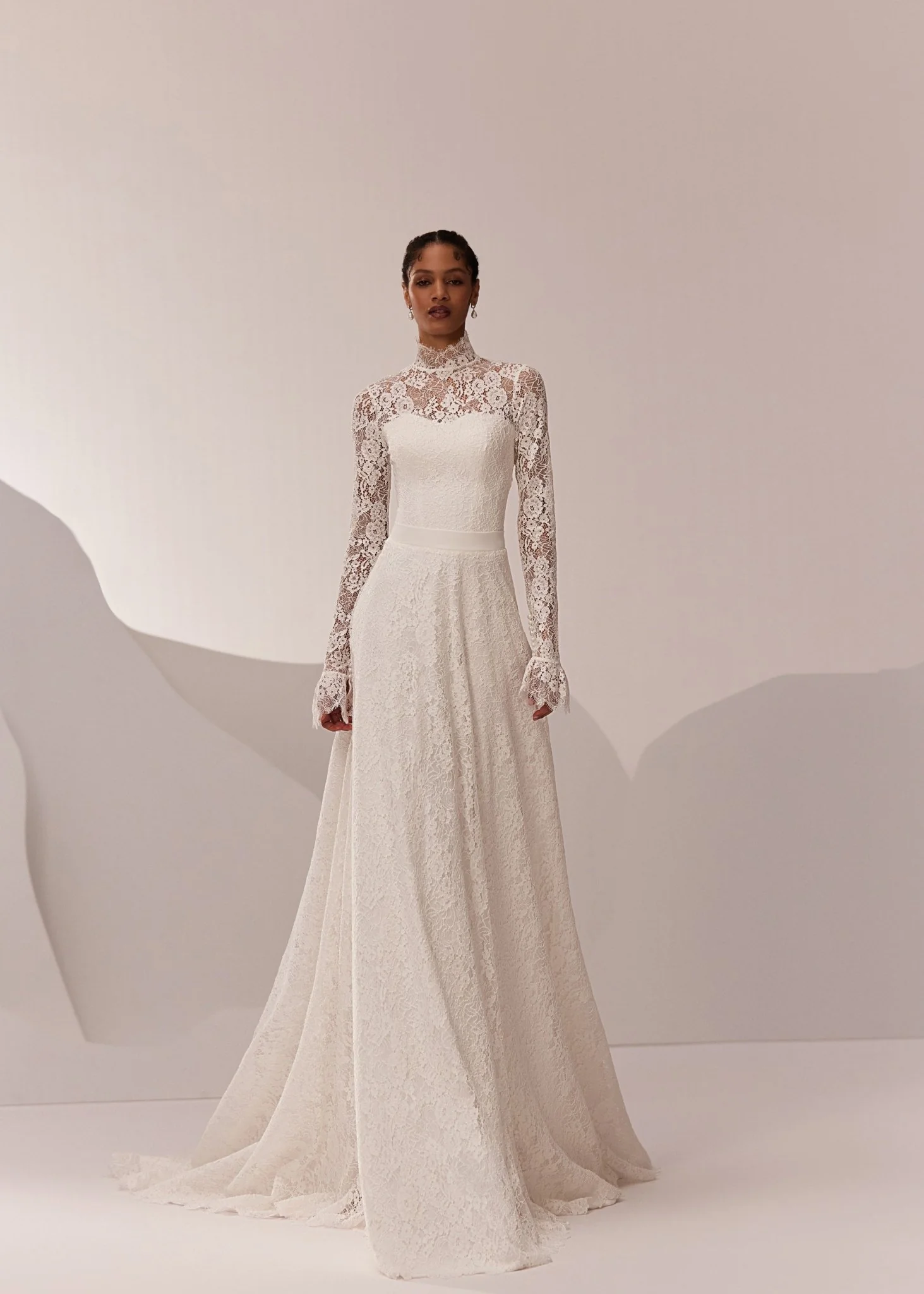 White High-Neck Lace Wedding Dress with Long Sleeves and Floor-Length Train - Plus Size