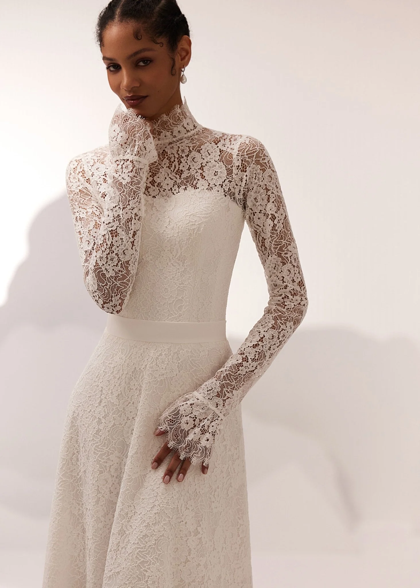 White High-Neck Lace Wedding Dress with Long Sleeves and Floor-Length Train - Plus Size - Image 2