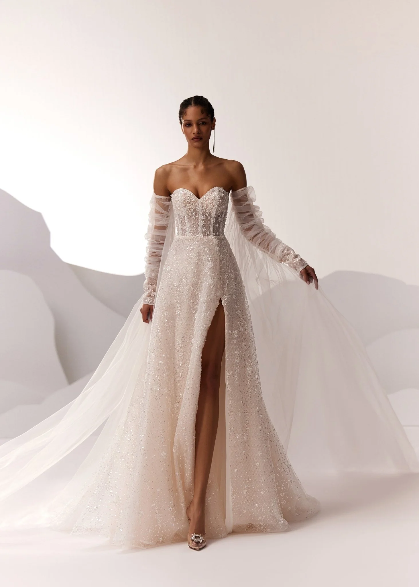 White Off-Shoulder Corset Wedding Dress with Ruched Sleeves, High Slit, and Floor-Length Train - Plus Size