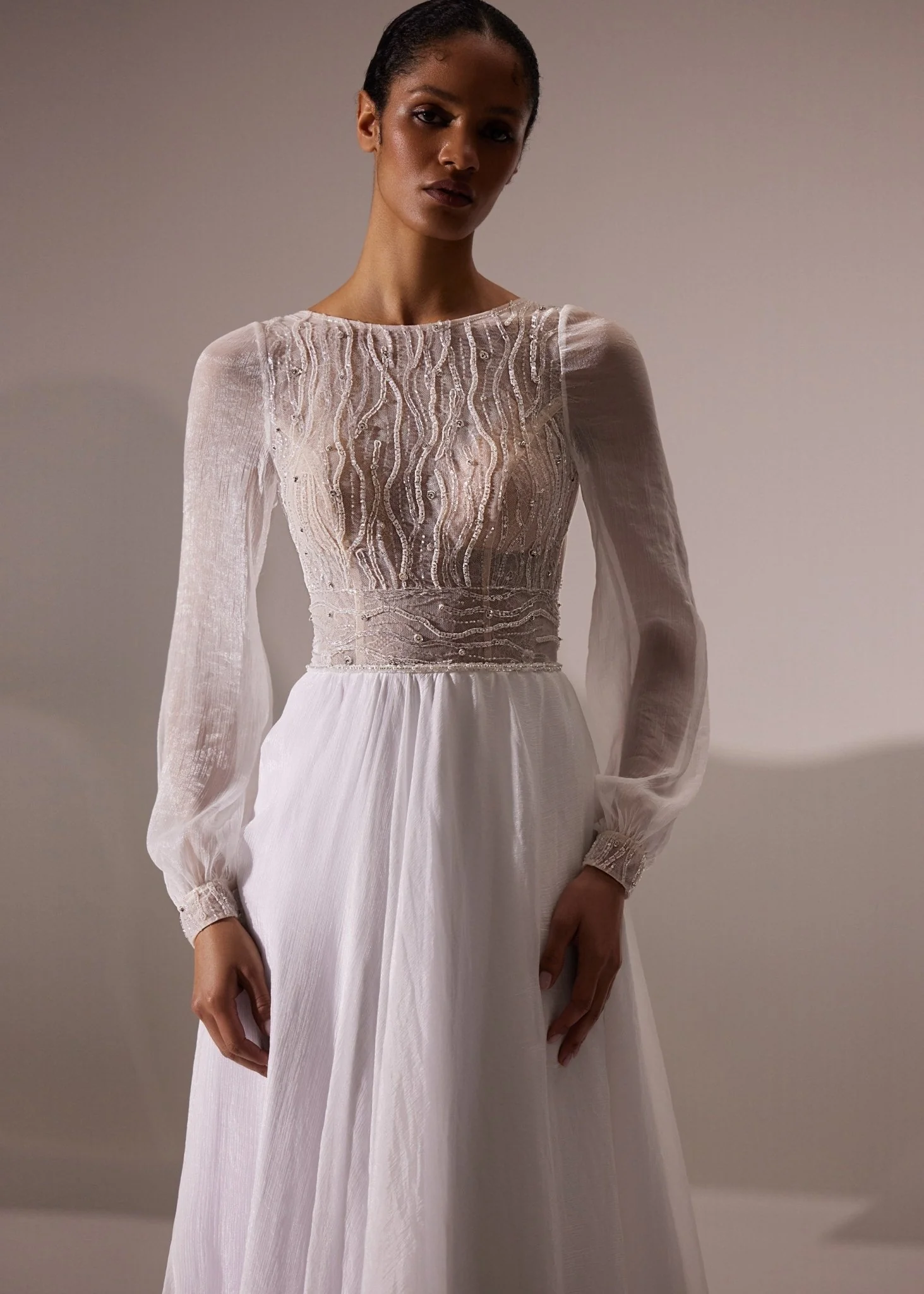 White Long-Sleeve Lace Bodice Wedding Dress with Floor-Length Train - Plus Size - Image 2