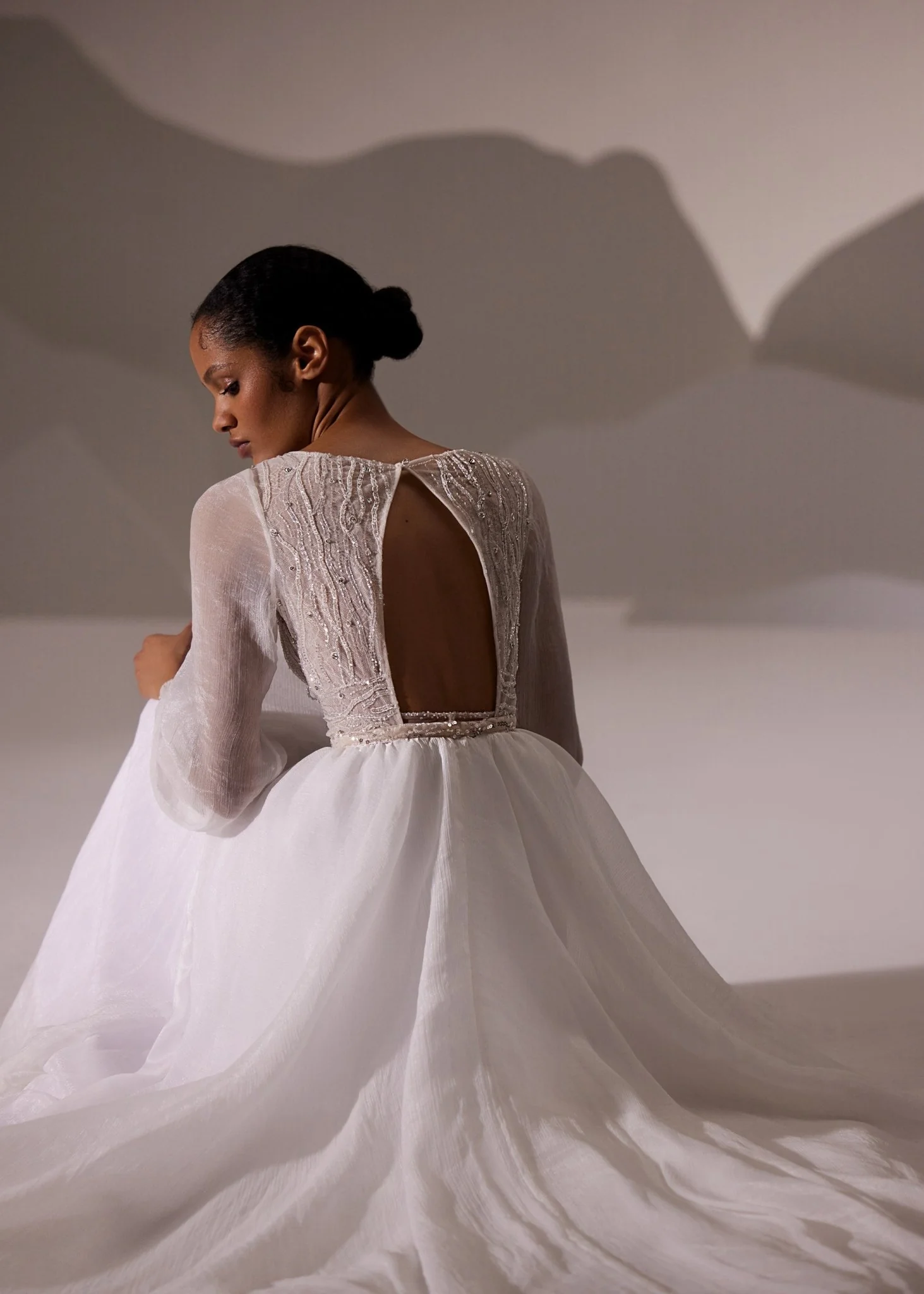 White Long-Sleeve Lace Bodice Wedding Dress with Floor-Length Train - Plus Size - Image 3
