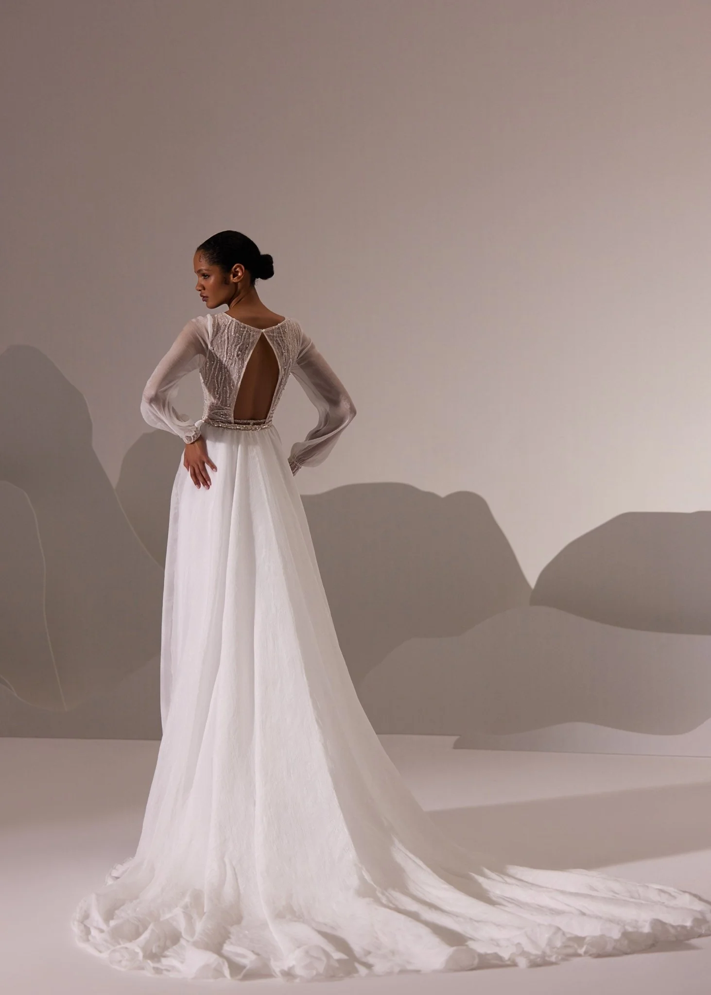 White Long-Sleeve Lace Bodice Wedding Dress with Floor-Length Train - Plus Size - Image 4