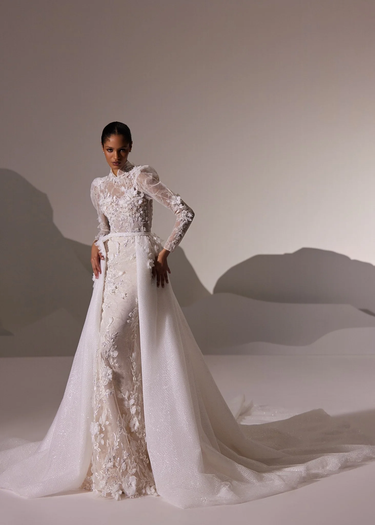 White High-Neck Lace Wedding Dress with Sheer Long Sleeves and Floor-Length Train - Plus Size