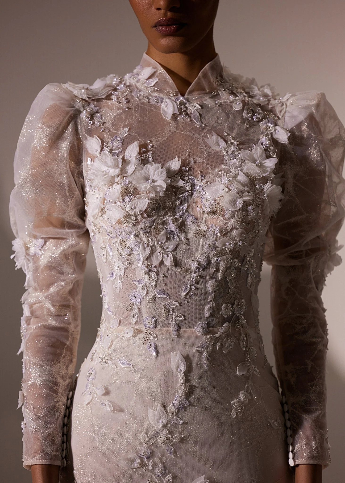 White High-Neck Lace Wedding Dress with Sheer Long Sleeves and Floor-Length Train - Plus Size - Image 3