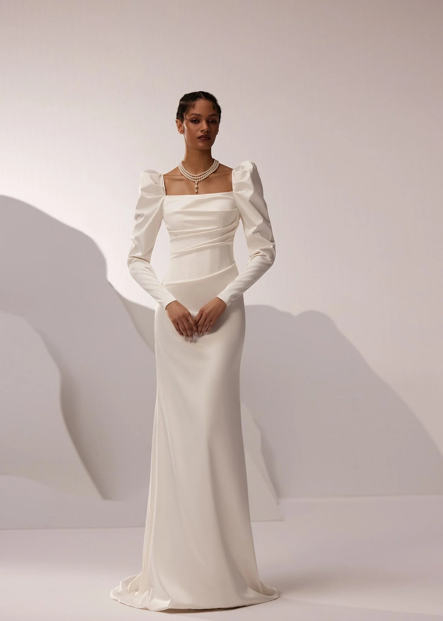 White Long Sleeve Square Neckline Wedding Dress with Puff Shoulders and Sleek Train - Plus Size