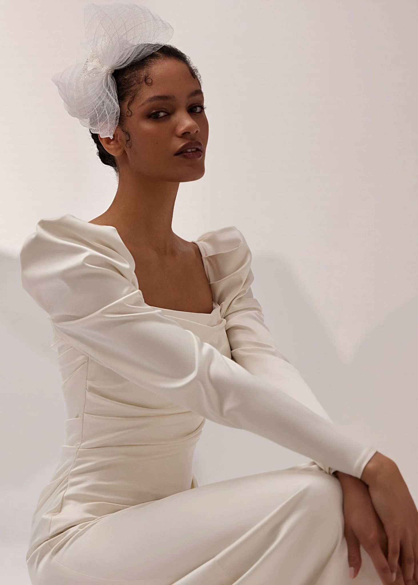 White Long Sleeve Square Neckline Wedding Dress with Puff Shoulders and Sleek Train - Plus Size - Image 2