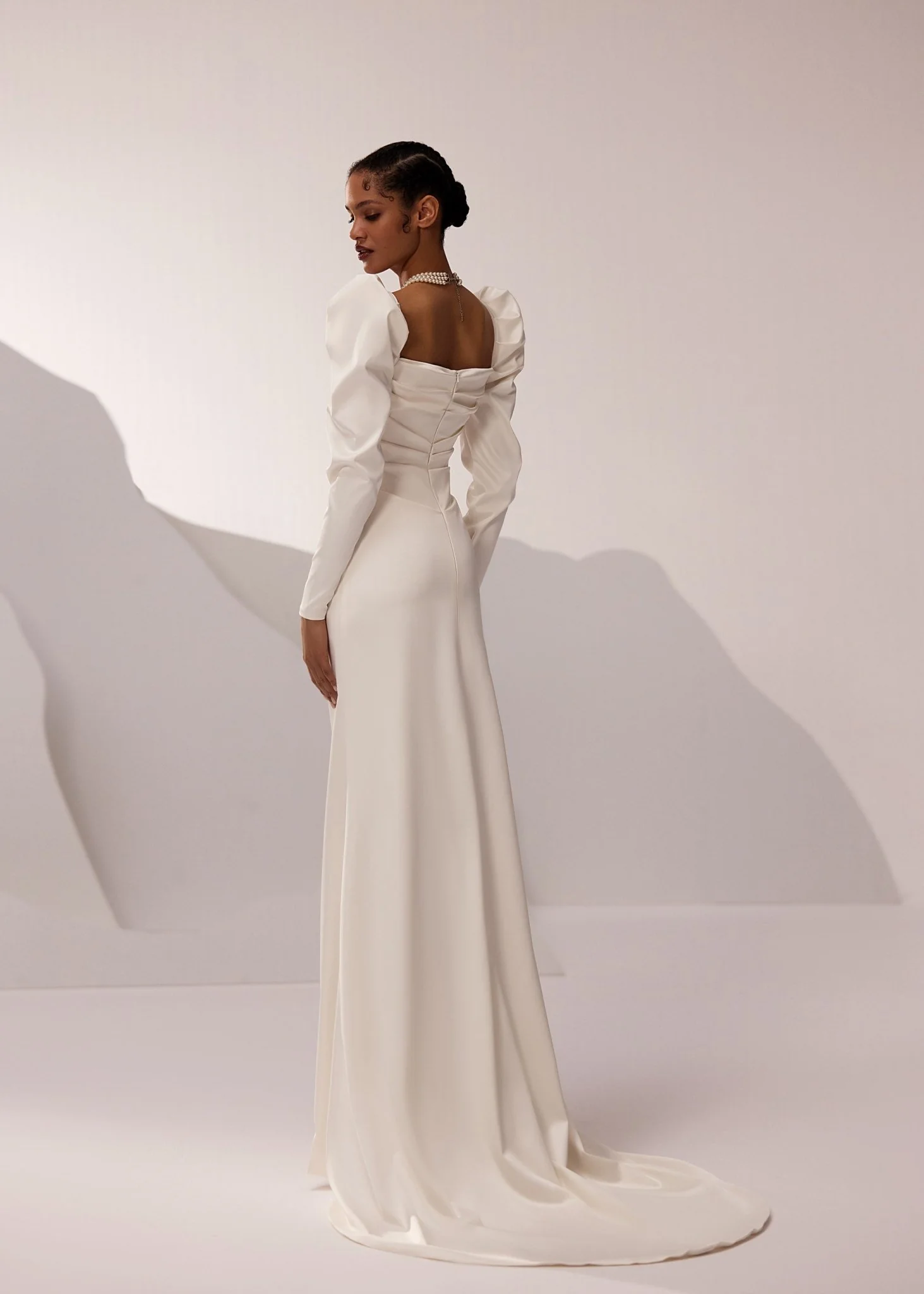 White Long Sleeve Square Neckline Wedding Dress with Puff Shoulders and Sleek Train - Plus Size - Image 4