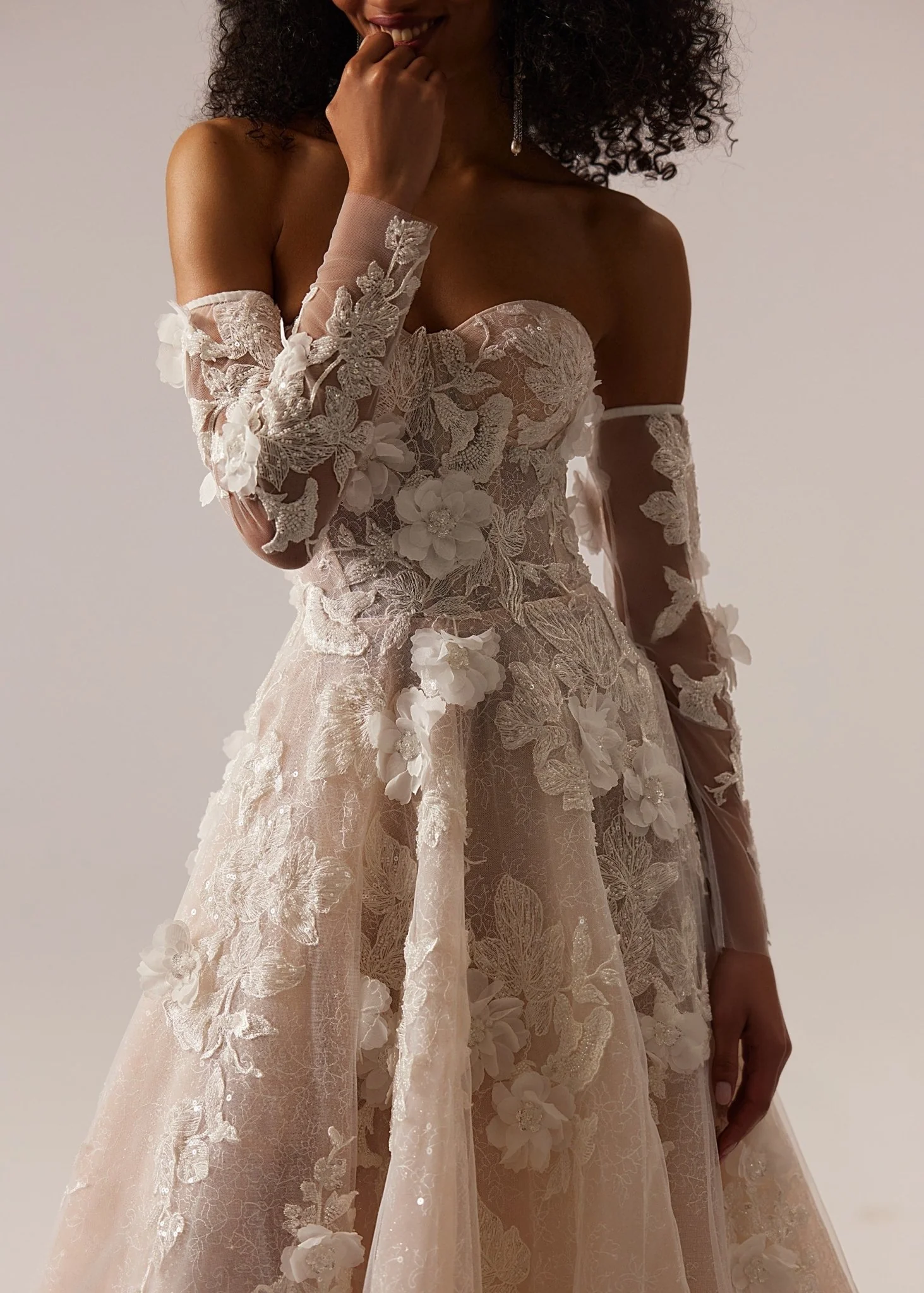 Champagne Off-Shoulder Wedding Dress with Floral Appliqué, Sheer Long Sleeves, and Floor-Length Train - Plus Size - Image 2