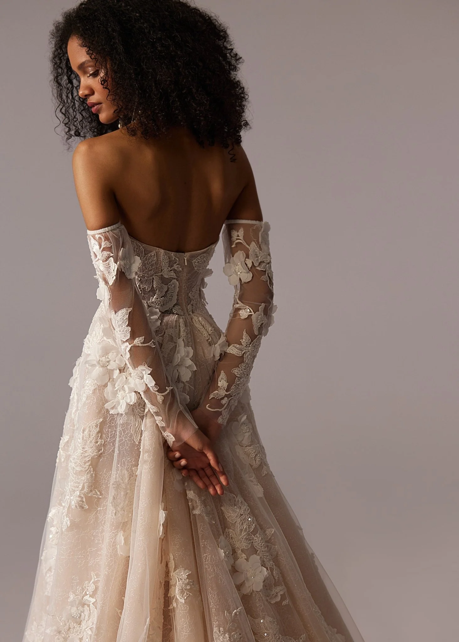 Champagne Off-Shoulder Wedding Dress with Floral Appliqué, Sheer Long Sleeves, and Floor-Length Train - Plus Size - Image 3