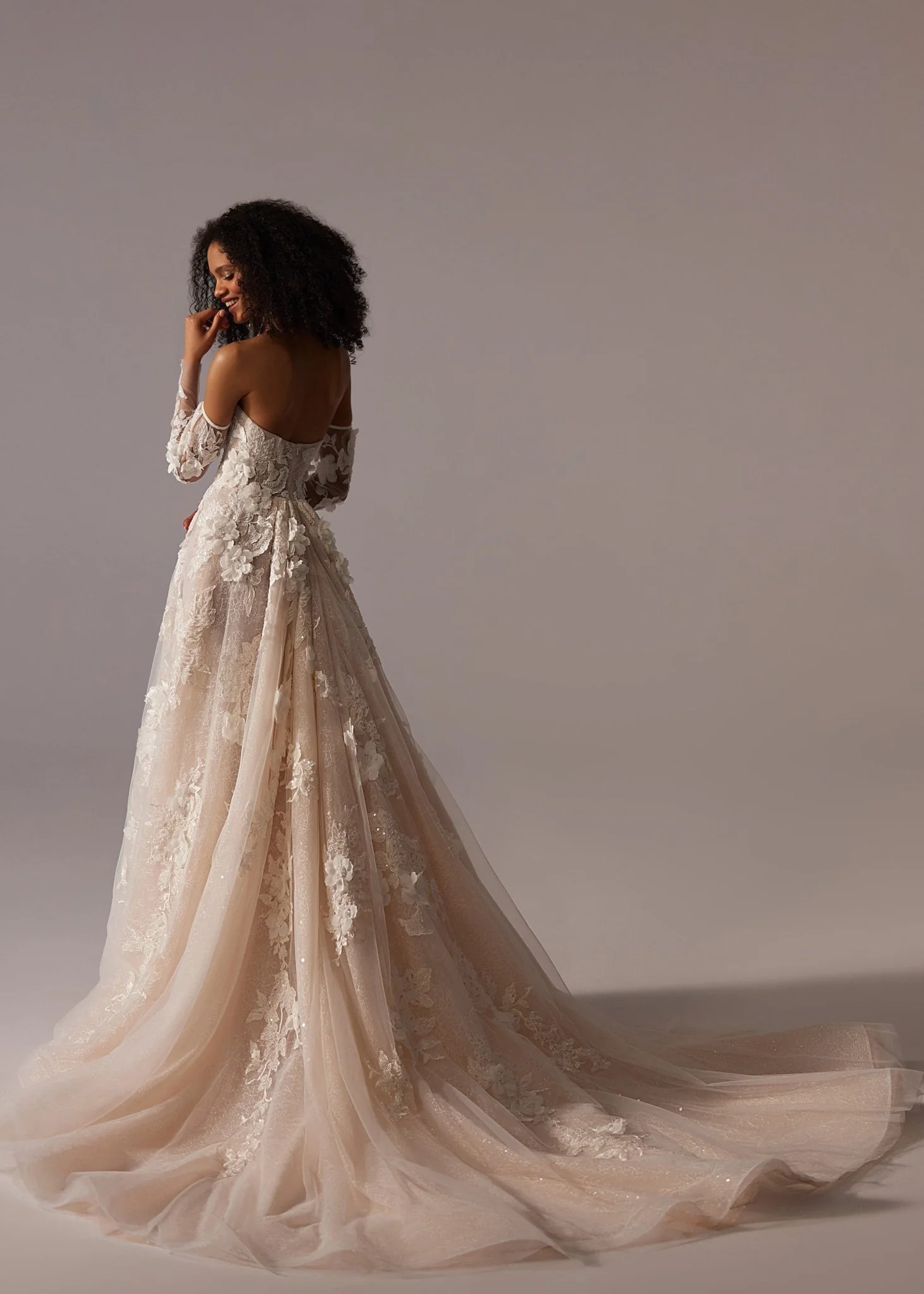 Champagne Off-Shoulder Wedding Dress with Floral Appliqué, Sheer Long Sleeves, and Floor-Length Train - Plus Size - Image 4