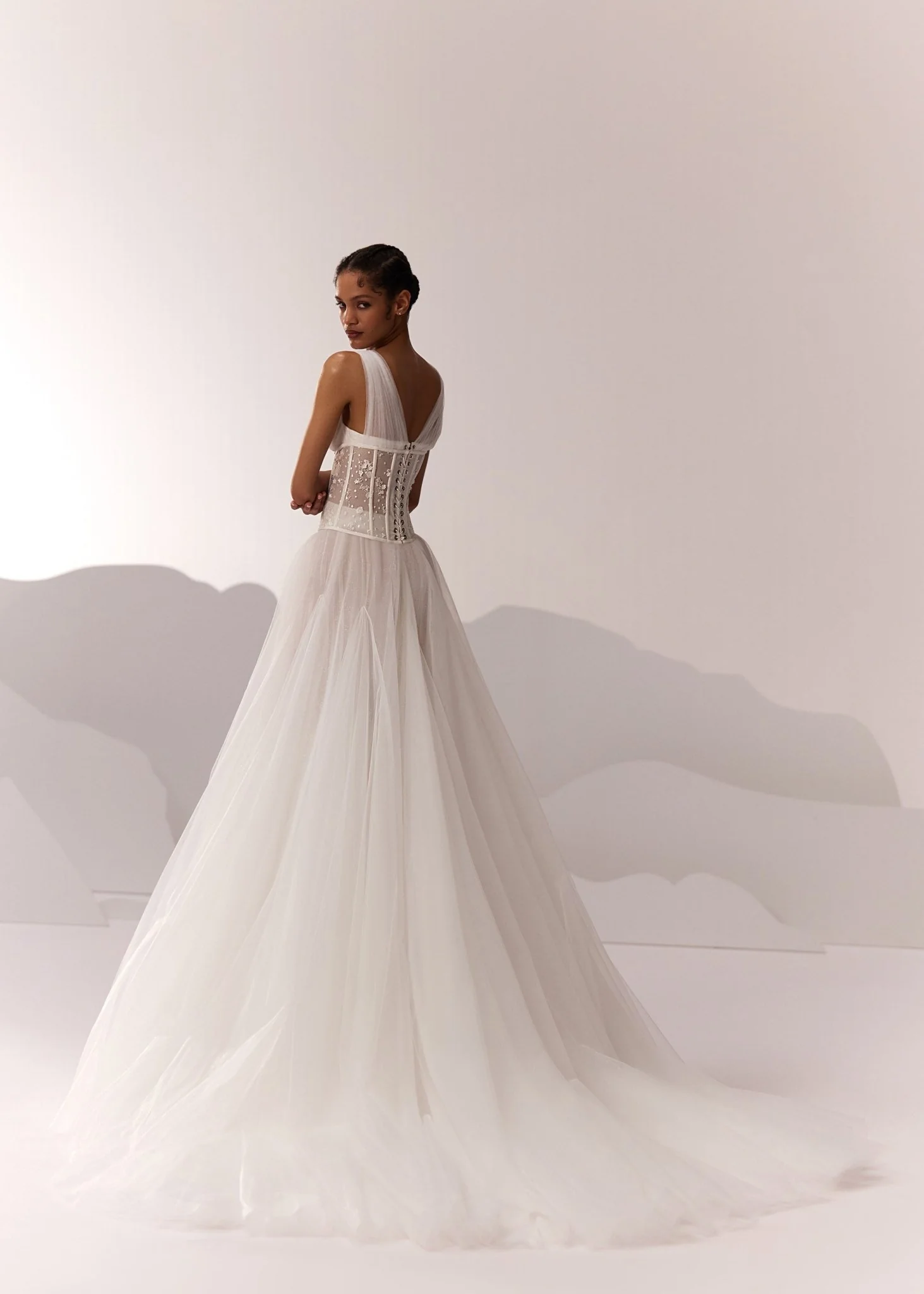 White Corset Bodice Tulle Wedding Dress with Plunging Neckline and Long Train - Plus Size - Image 3