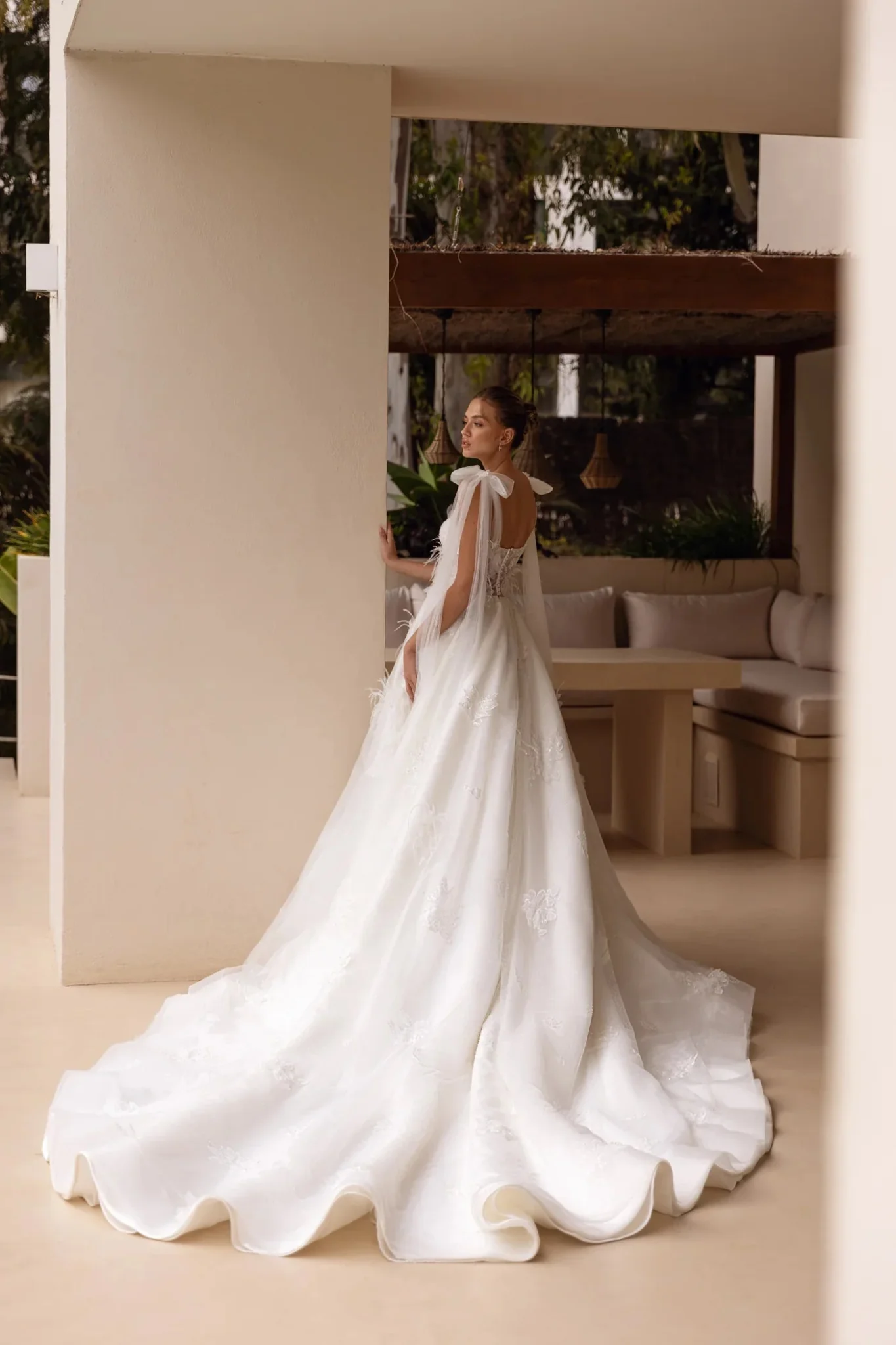 White A-Line Wedding Dress with Plunging Neckline, Floral Embellishments, and Floor-Length Train - Plus Size-Elliot - Image 5