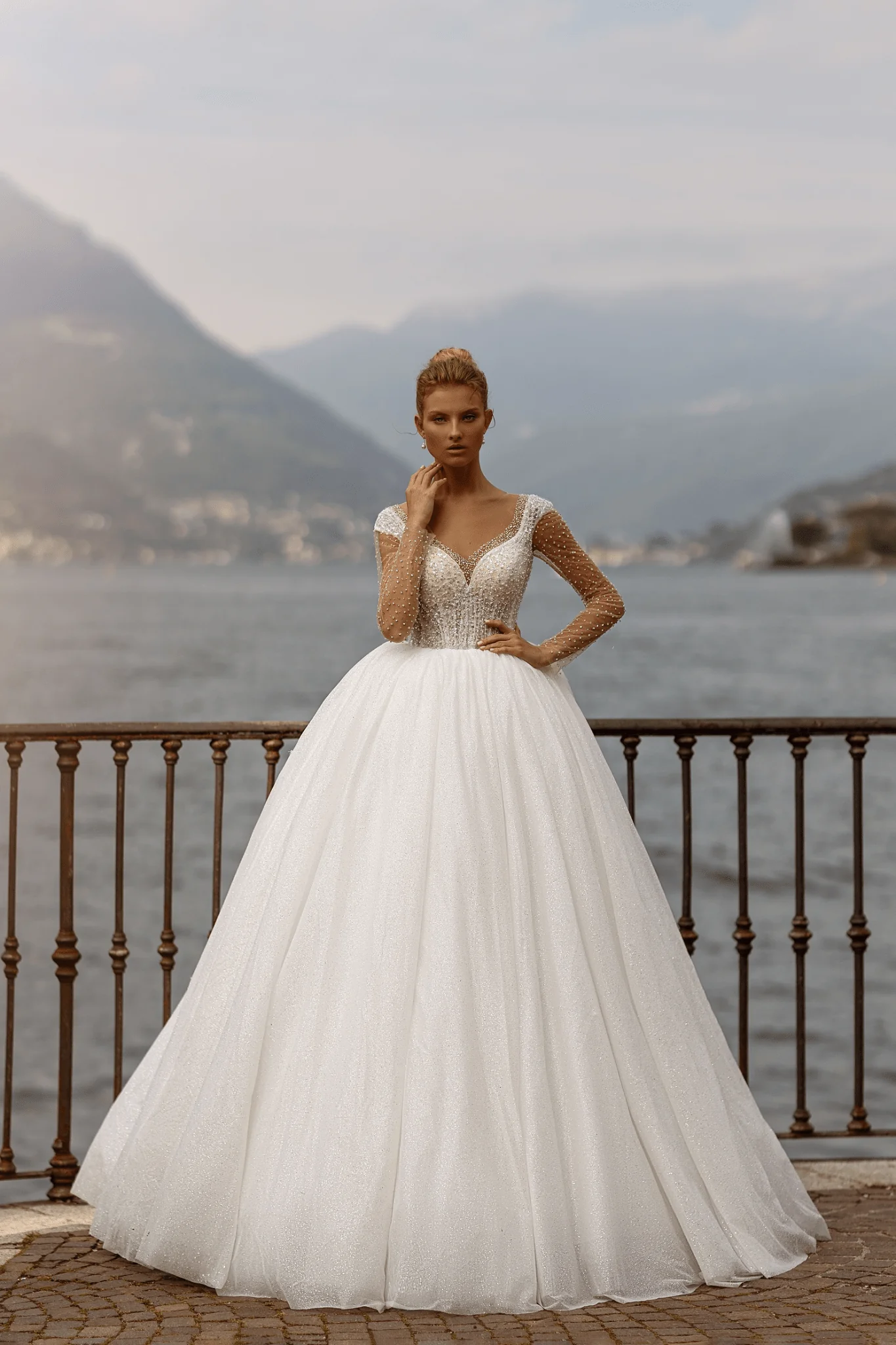 Embellished Wedding Dress - Corset Wedding Dress - Long Sleeve Ball Gown with Pearls Plus Size