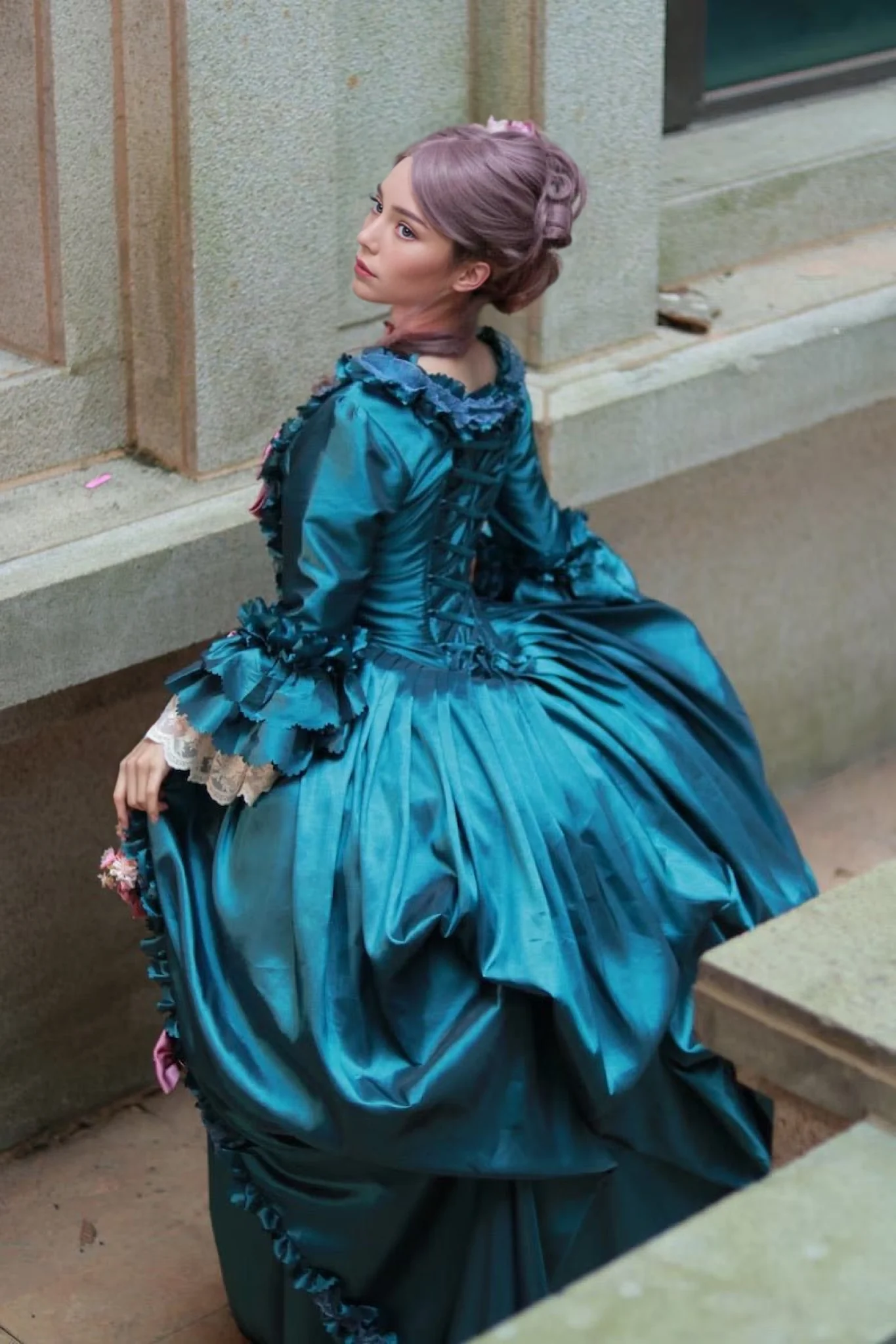 Emerald Green Floral Adorned Rococo Style Dress with Majestic Opulence and Victorian Ball Gown Flourish Plus Size - Image 3