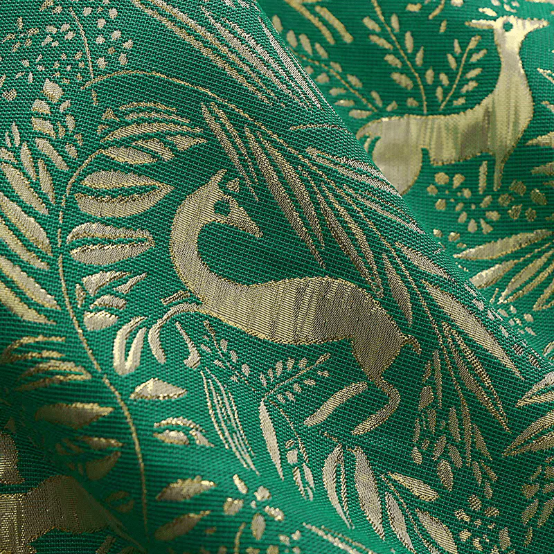 Emerald Green Jacquard Fabric with Gold Embroidery