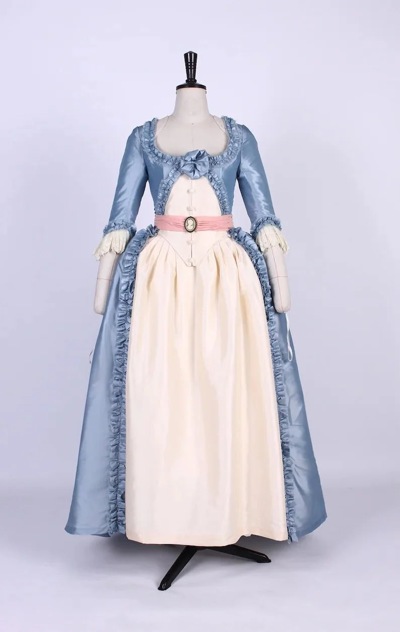 Enchanted Blue Rococo Dress with Pink Bow Accent - Victorian Ball Gown Plus Size