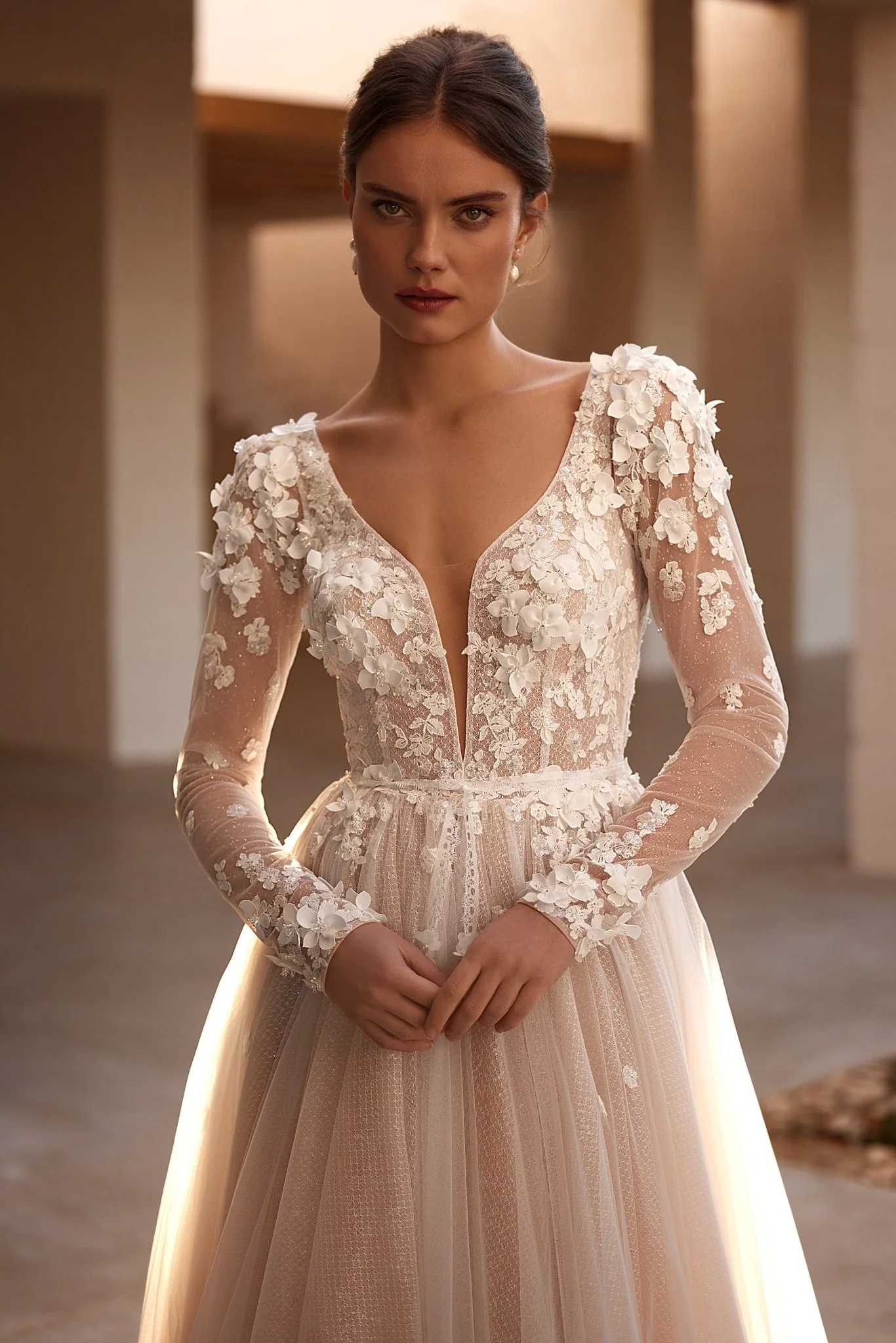 Enchanted Floral Appliqué Wedding Dress with Plunging Neckline and Sheer Sleeves Plus Size - Image 2