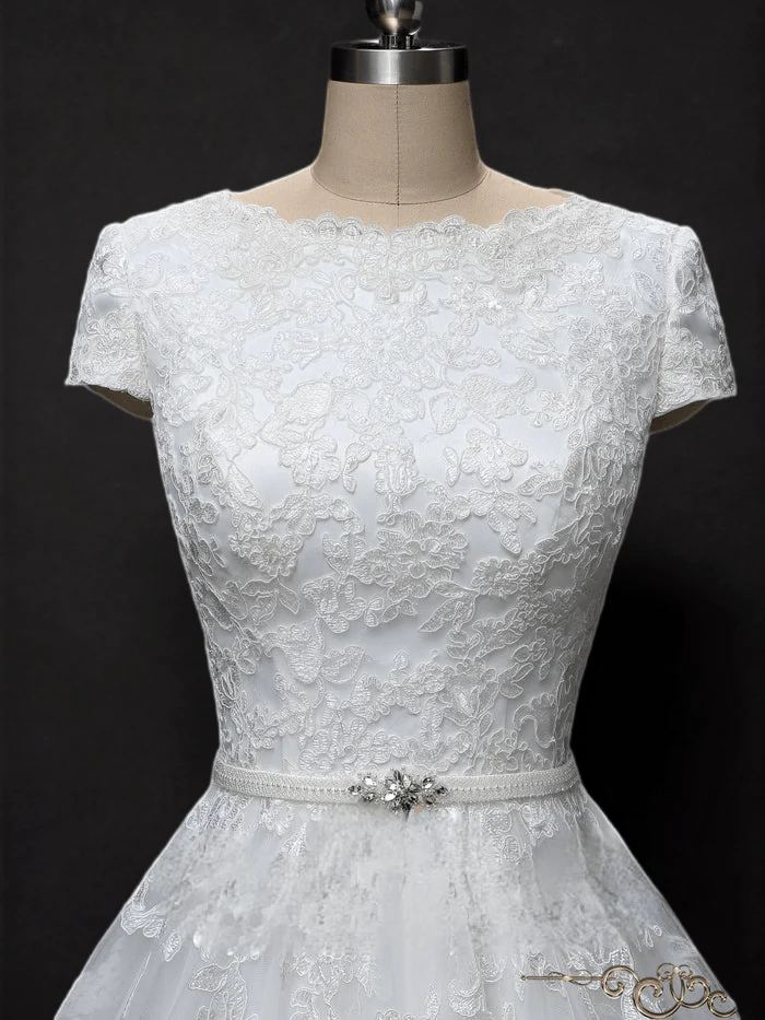 Enchanting Elegance: Ready-to-Wear Modest Lace Wedding Dress with Short Sleeves  Plus Size - Image 6