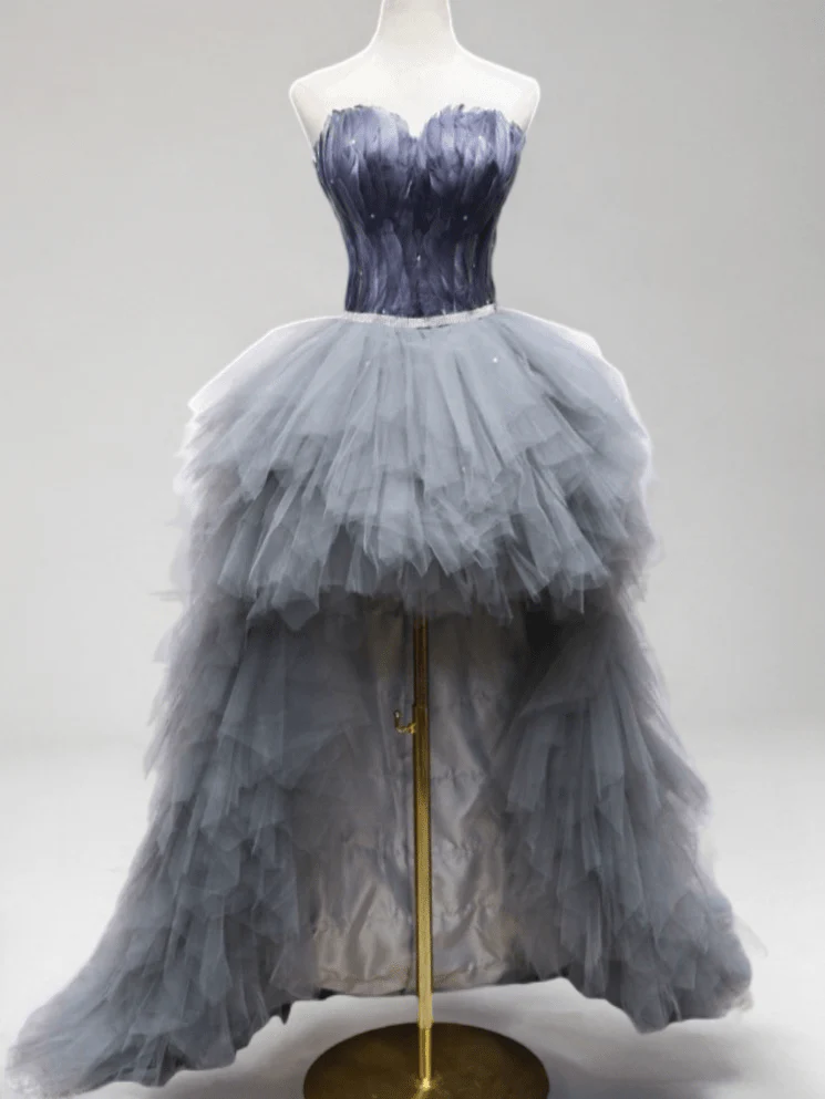 Enchanting Gray Feathered High-Low Wedding Dress - Layered Tulle Ruffle Gown - Strapless Corset Bridal Gown Plus Size