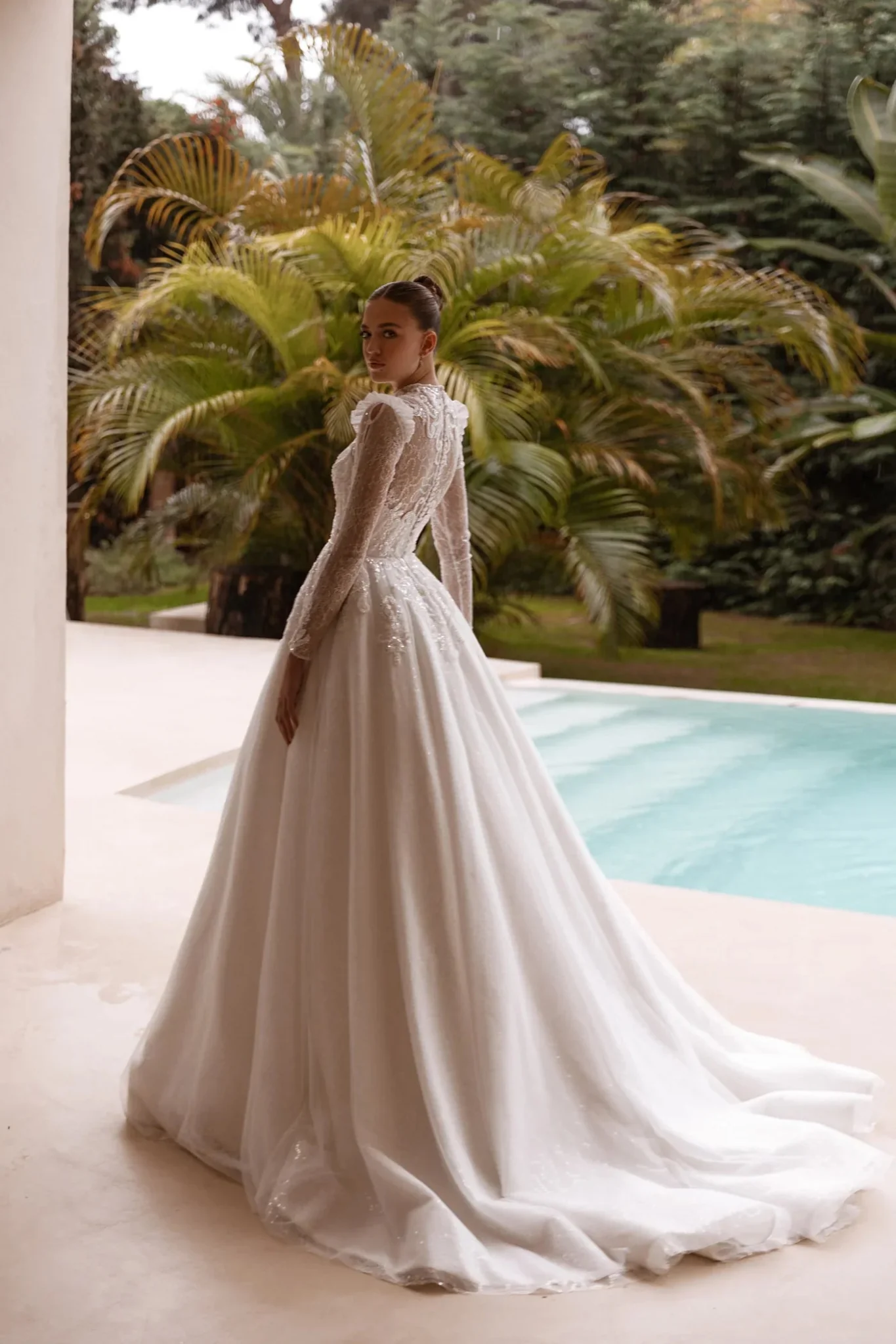 White High-Neck Wedding Dress with Long Lace Sleeves and Classic Ball Gown Train - Plus Size-Ethan - Image 4
