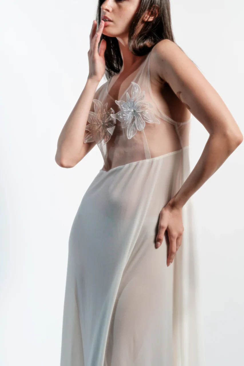 Ethereal Ivory Floral Embellished Night Gown - Image 3