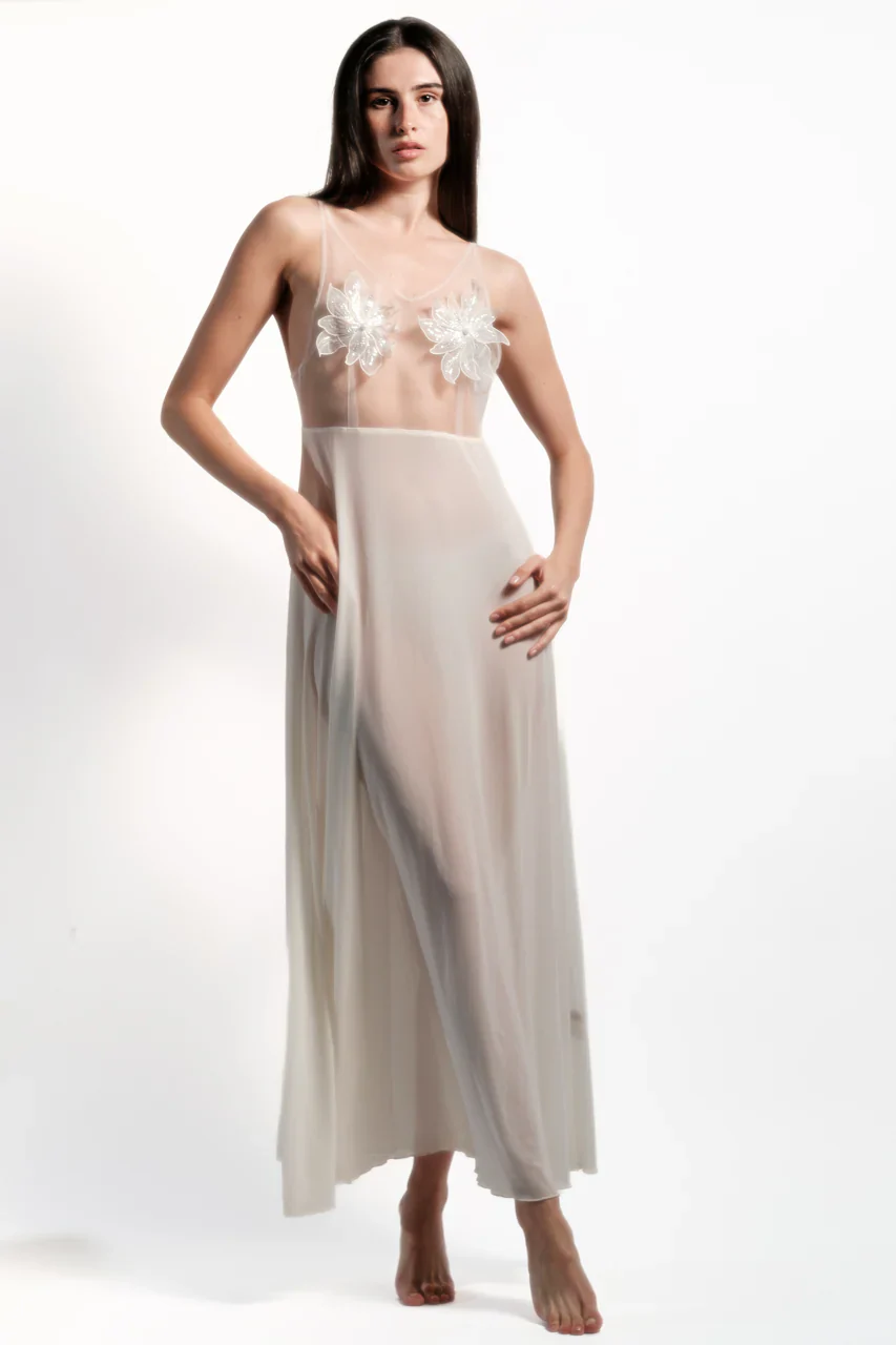 Ethereal Ivory Floral Embellished Night Gown - Image 5