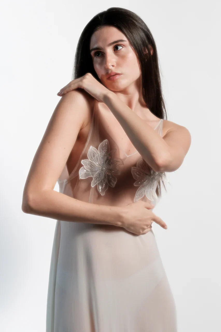 Ethereal Ivory Floral Embellished Night Gown - Image 6