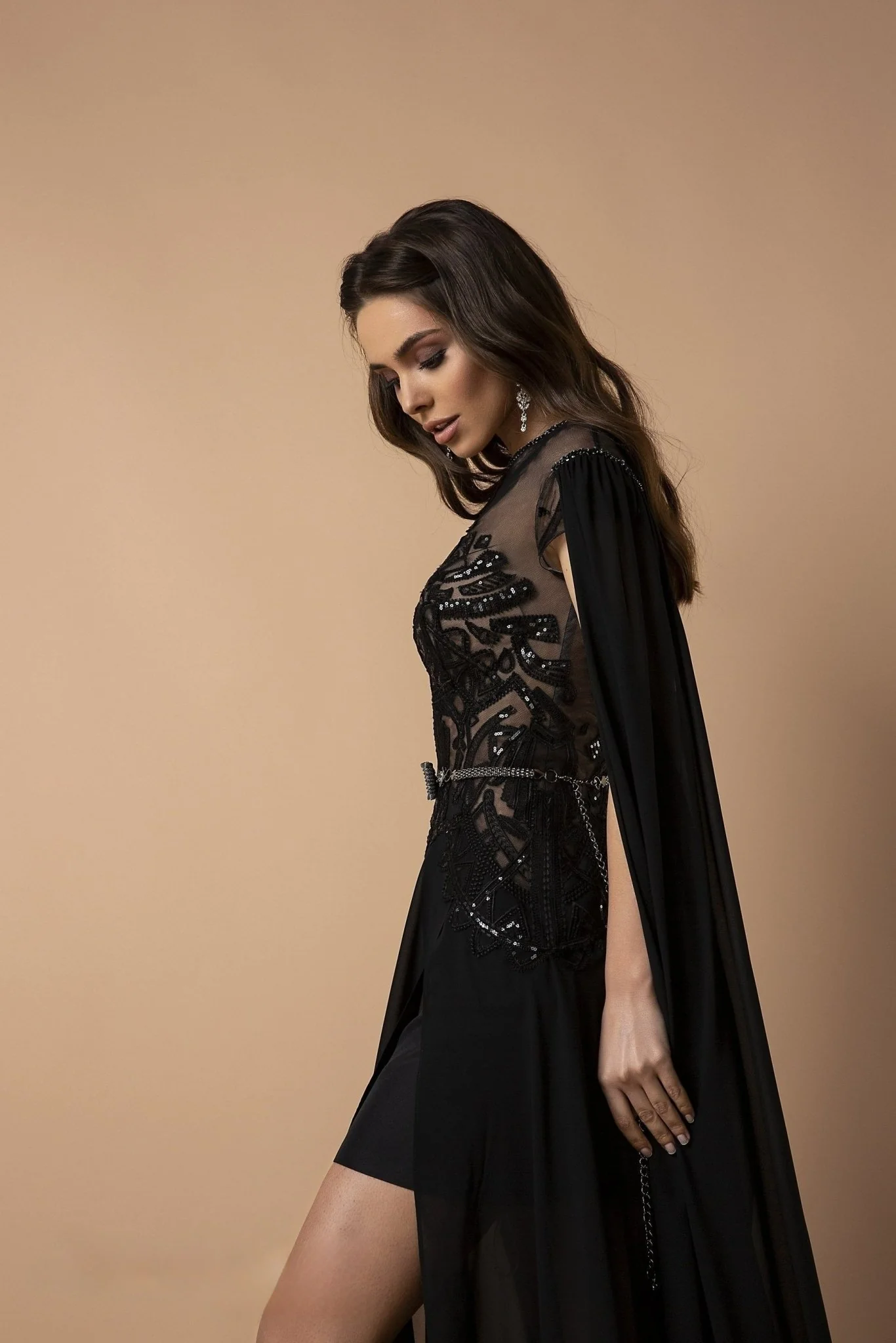 Exquisite Black Gothic Dresses with Sheer Beaded Bodice and Cape - Elegant High-Slit Evening Gown Plus Size - Image 3