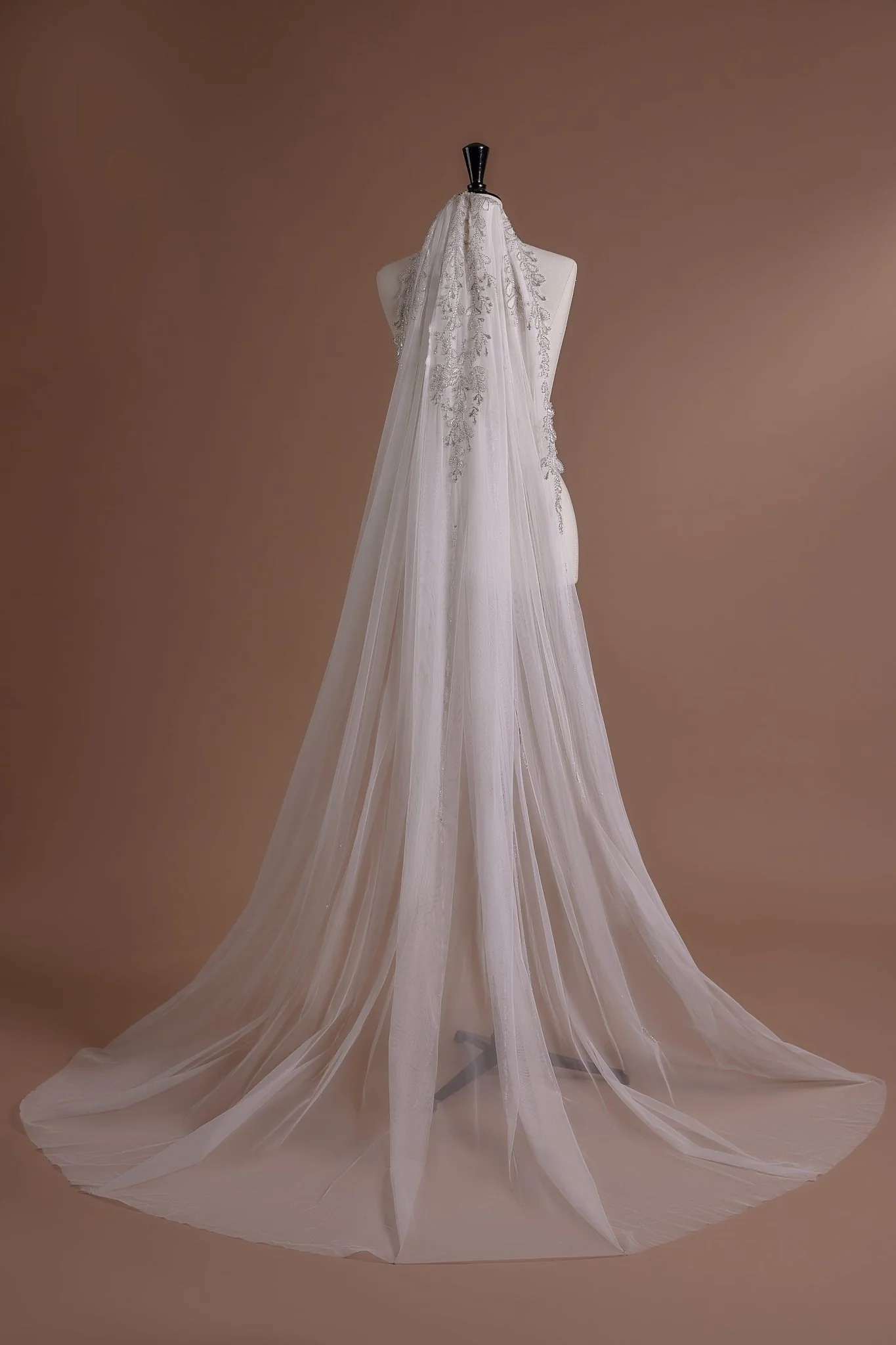 Exquisite Embroidered Cathedral Veil with Sequin Detailing and Tulle Sweep