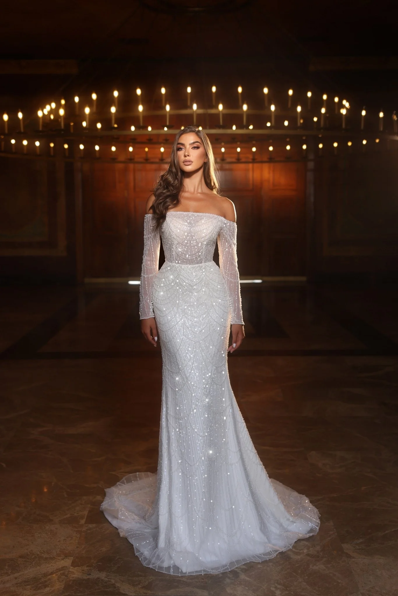 Exquisite Off-the-Shoulder Beaded Wedding Dress with Flared Hem - Plus Size