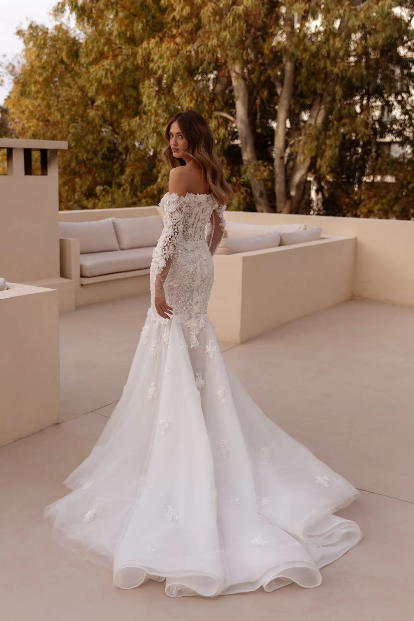 White Long Sleeve Floral Lace Wedding Dress with Floor-Length Train - Plus Size-Faye - Image 4