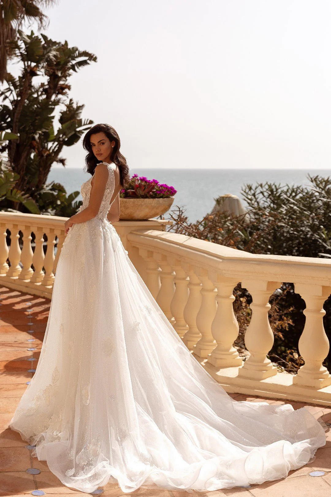 White V-Neck Sheer Wedding Gown with 3D Lace Flowers- Plus Size-Fernanda - Image 3