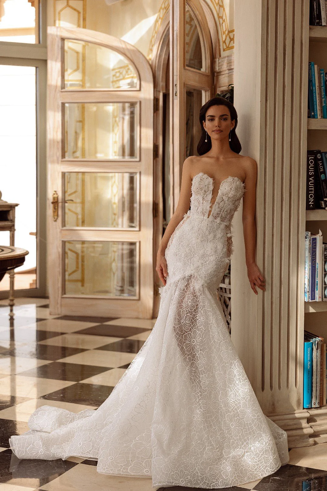 White Strapless Trumpet Wedding Dress with Floral Sheer Train - Plus Size-Fiorella