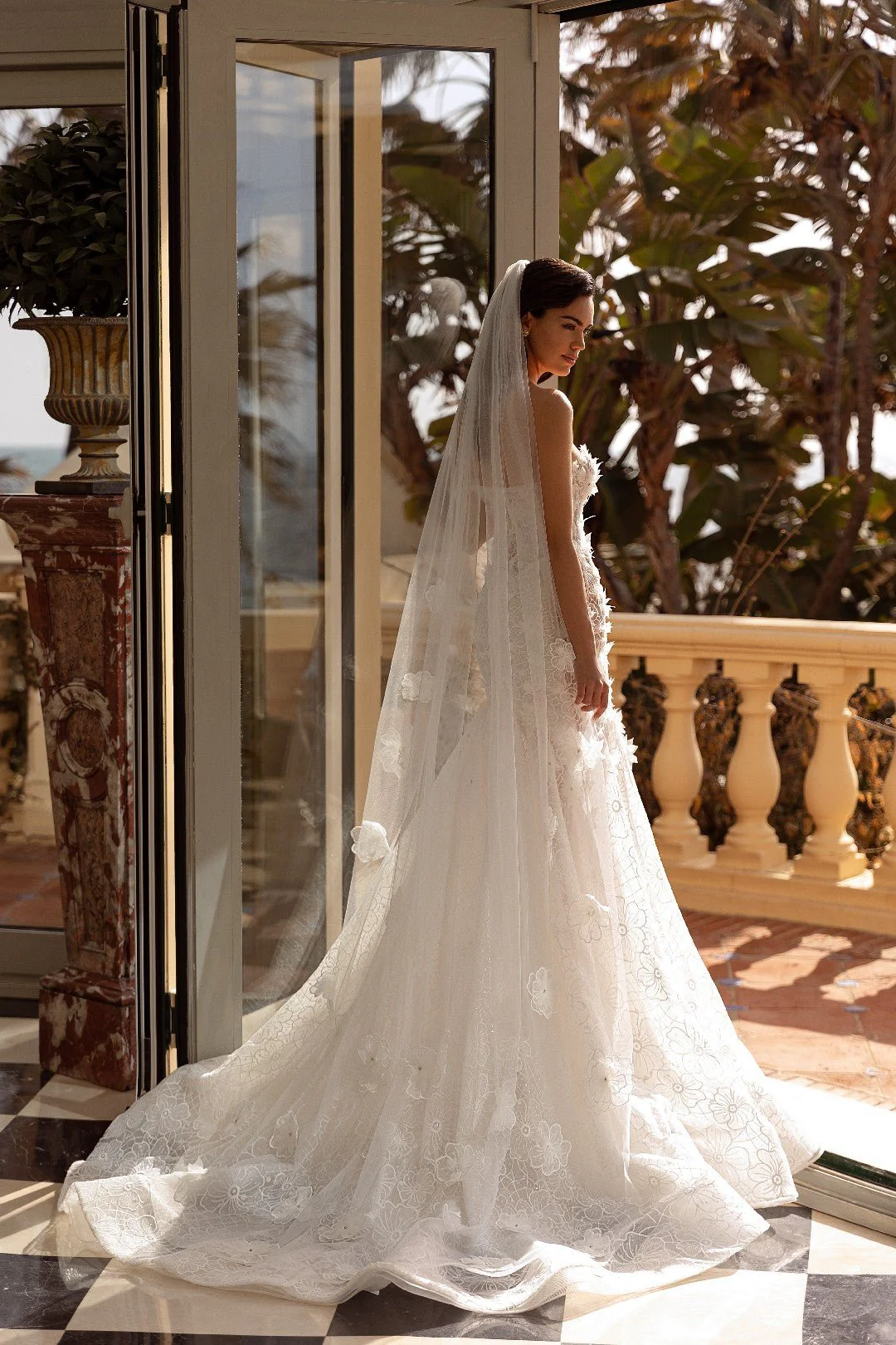 White Strapless Trumpet Wedding Dress with Floral Sheer Train - Plus Size-Fiorella - Image 4