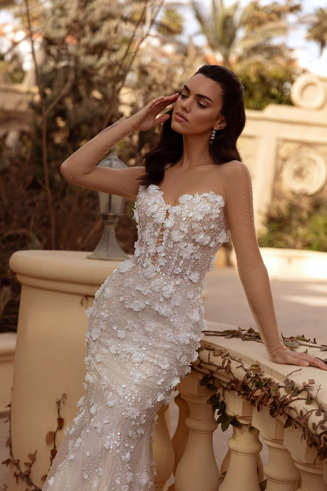 White Strapless Mermaid Wedding Dress with Pearly Sequins and Floral Accents - Plus Size-Flavia - Image 2
