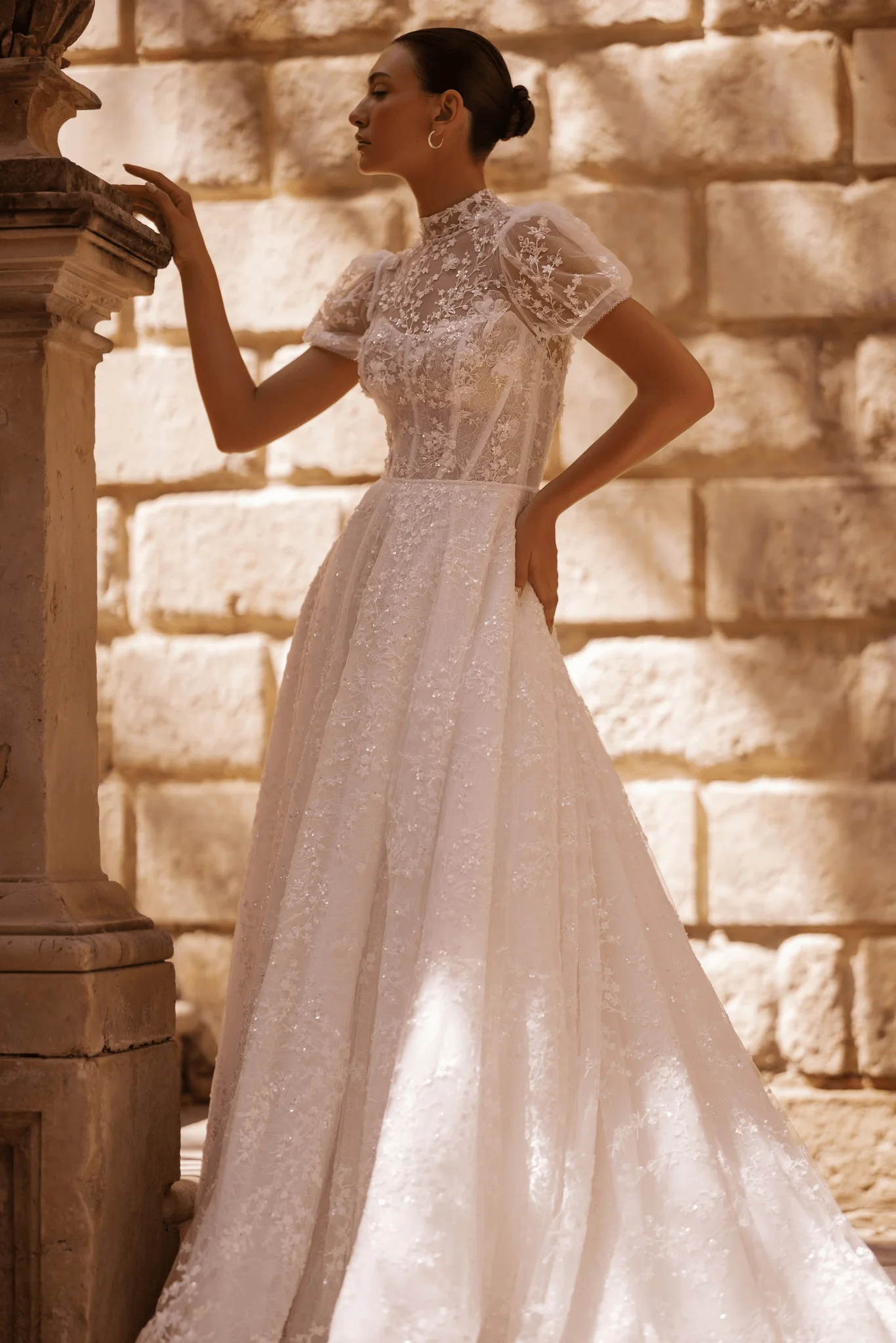 Floral Applique Dress and Lace Wedding Dress with Short Sleeves - High Neck Wedding Dress with Train Plus Size - Image 3