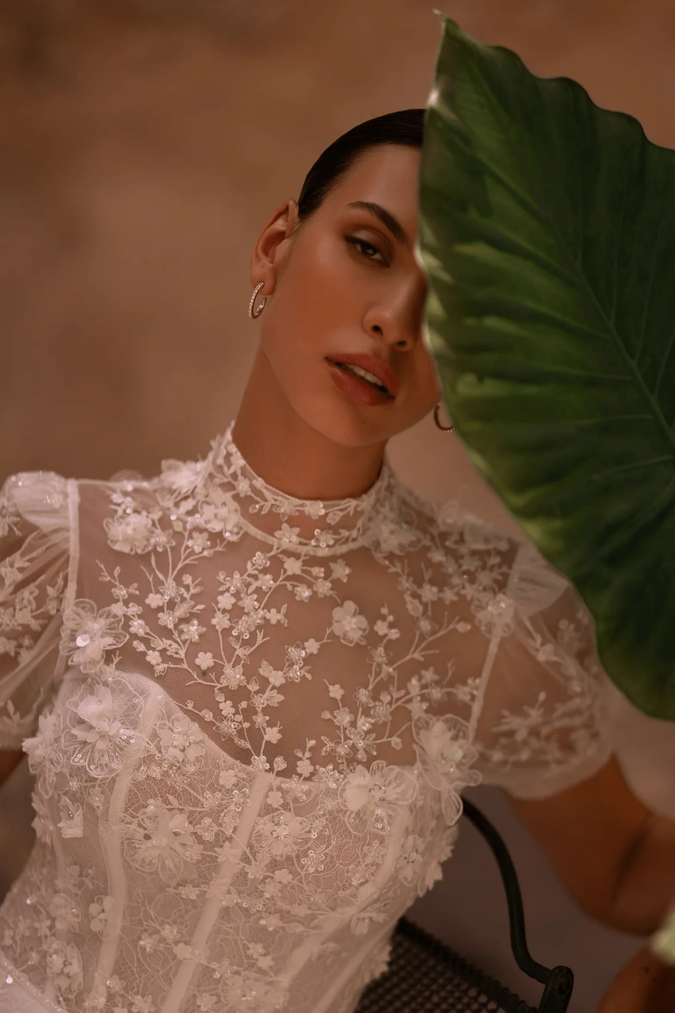 Floral Applique Dress and Lace Wedding Dress with Short Sleeves - High Neck Wedding Dress with Train Plus Size - Image 4