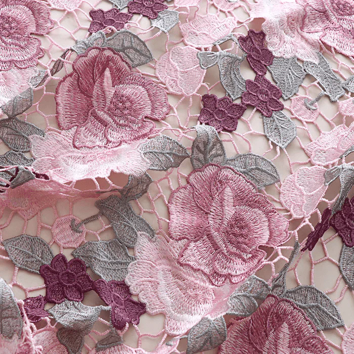 Floral Embroidered Lace Fabric in Pink and Purple