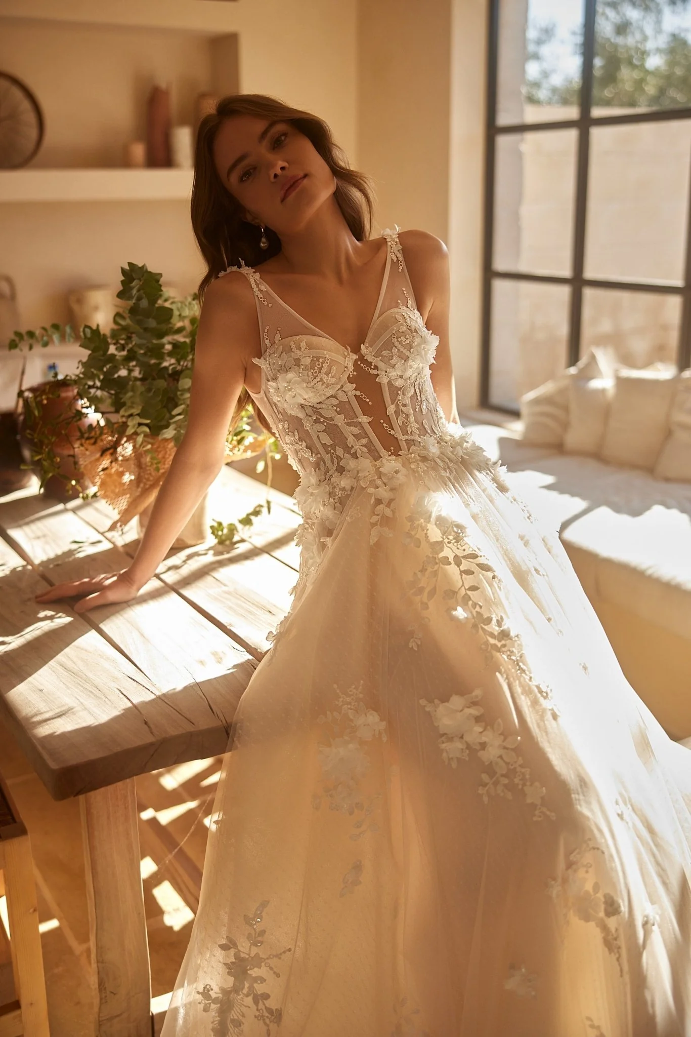 Floral Embroidered Spaghetti Strap Wedding Gown with Sheer Overlay Plus Size - Image 3