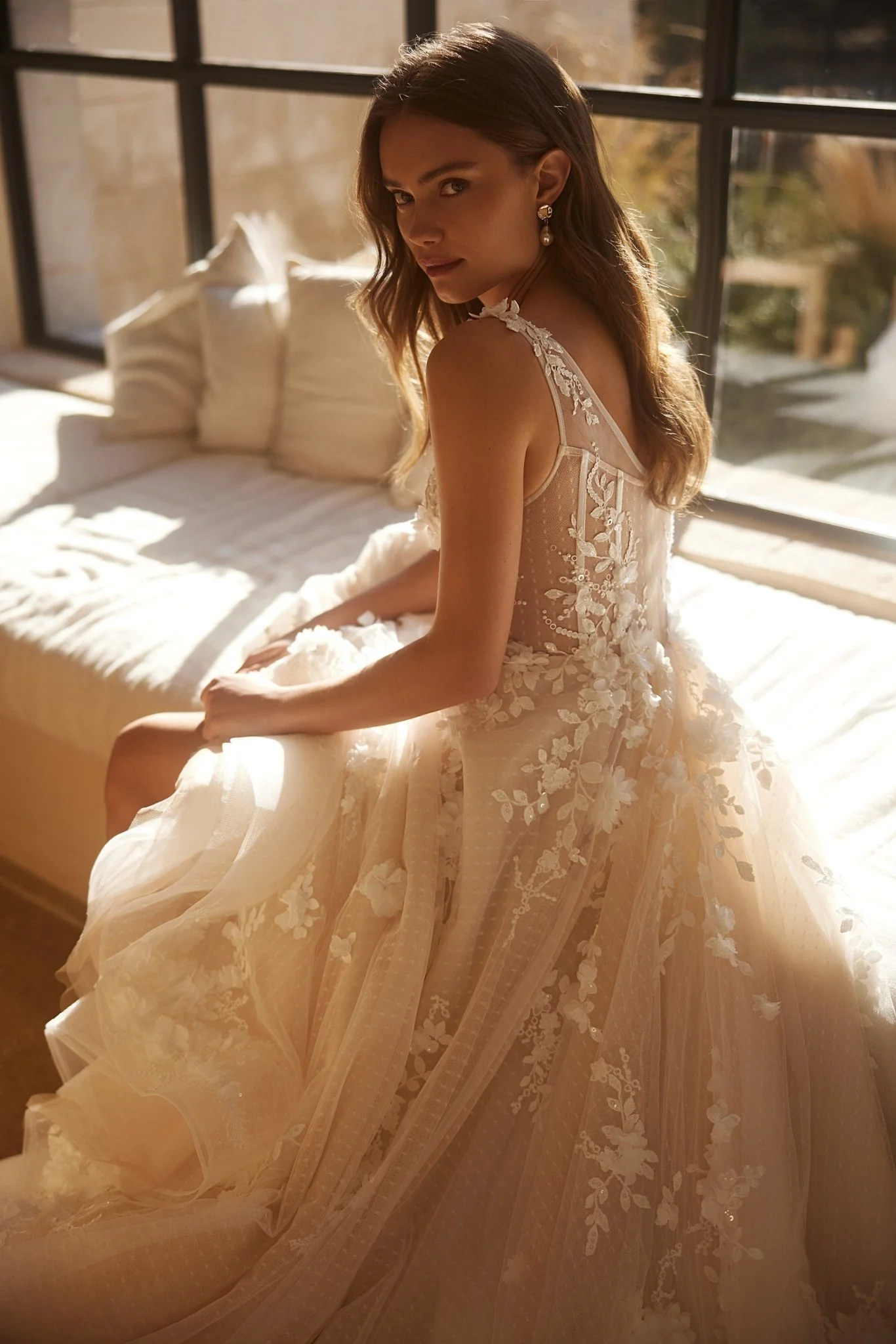 Floral Embroidered Spaghetti Strap Wedding Gown with Sheer Overlay Plus Size - Image 4