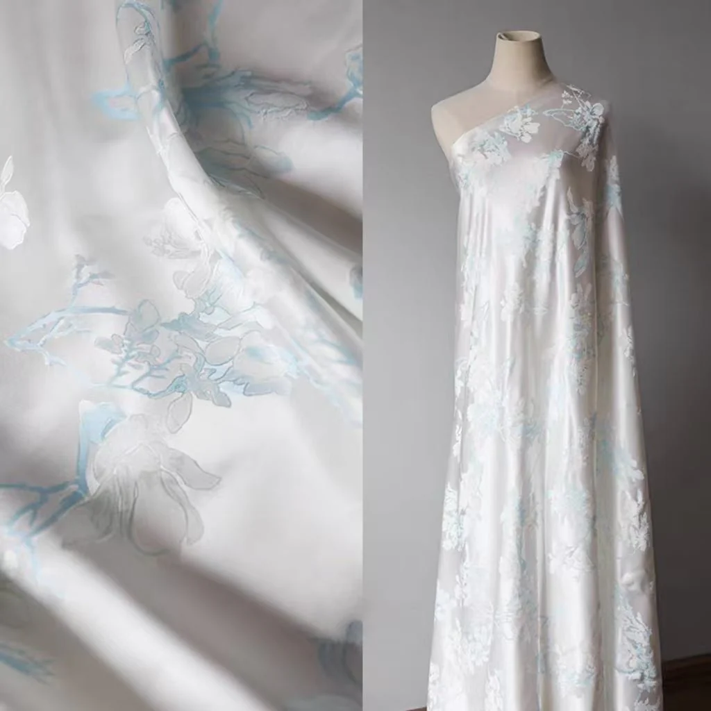 Floral Jacquard Silk Satin Blend in Soft White and Light Blue - Image 4