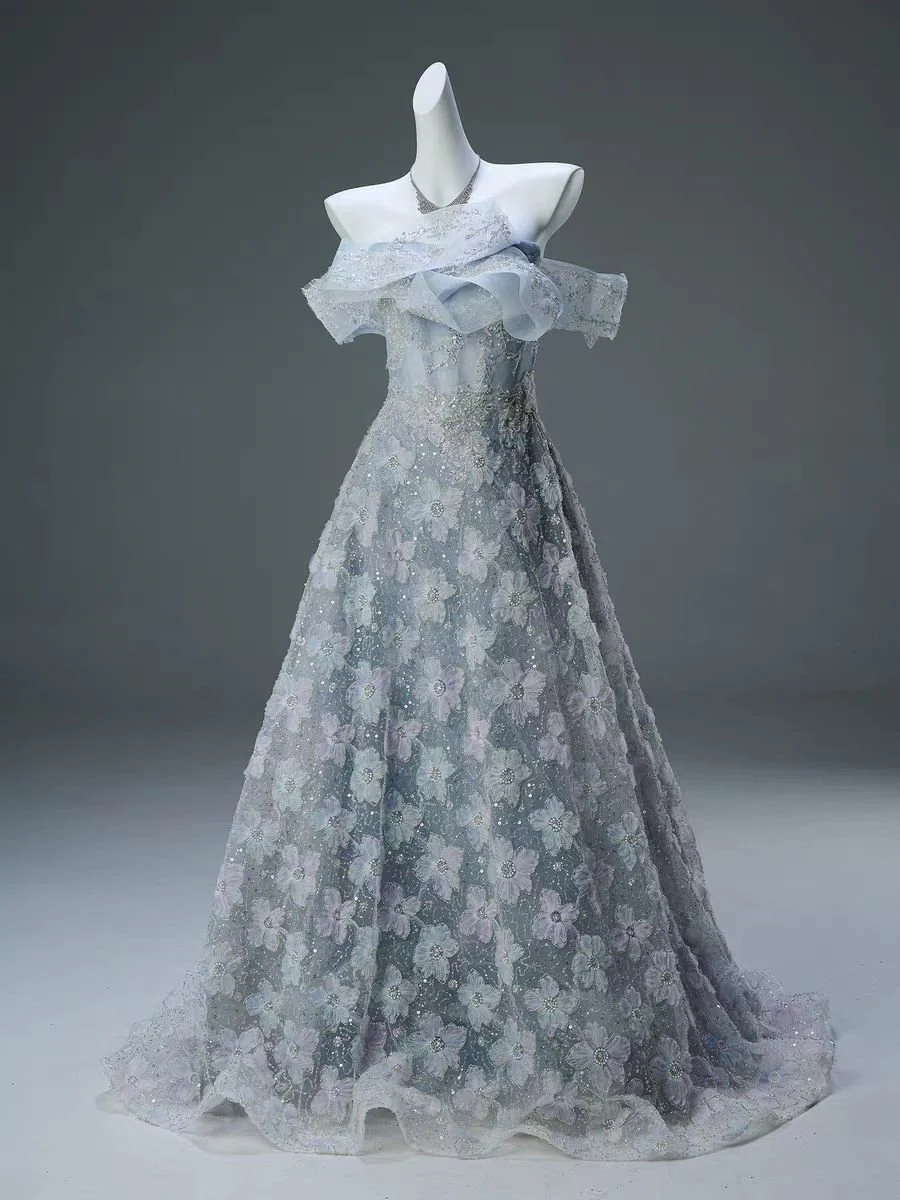 Light Blue Floral Off-Shoulder Lace Evening Dress - Plus Size