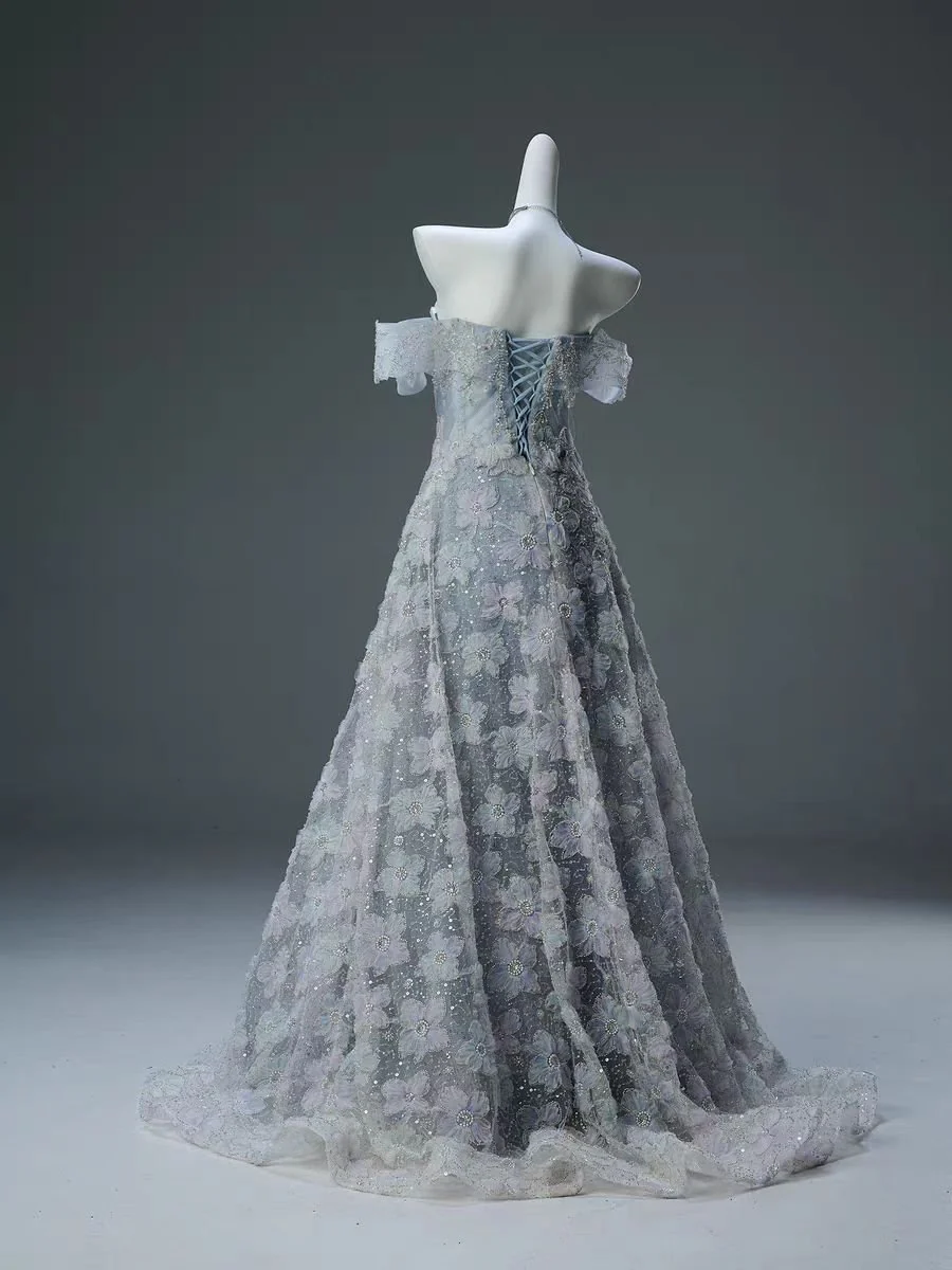 Light Blue Floral Off-Shoulder Lace Evening Dress - Plus Size - Image 3