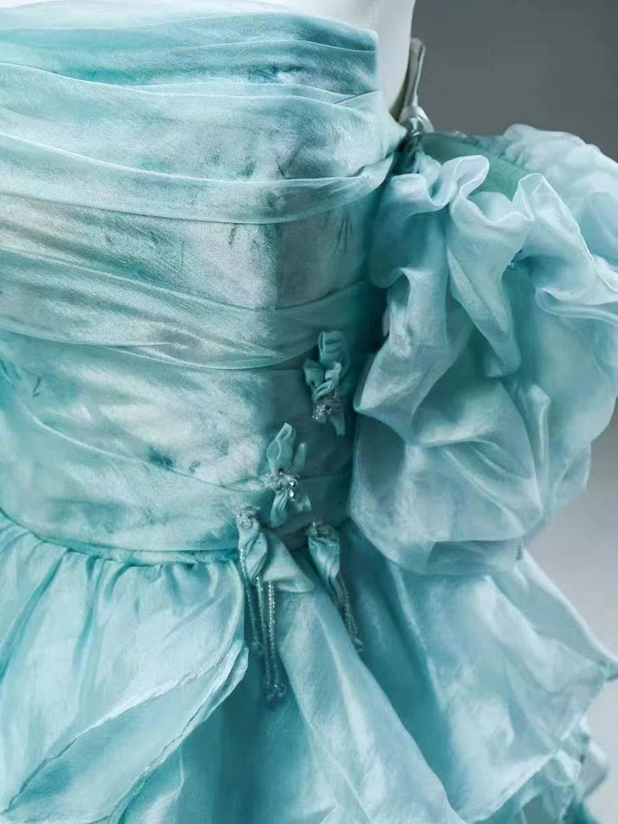 Aqua Blue Floral Off-Shoulder Vintage Ball Gown Evening Dress - Plus Size - Image 5