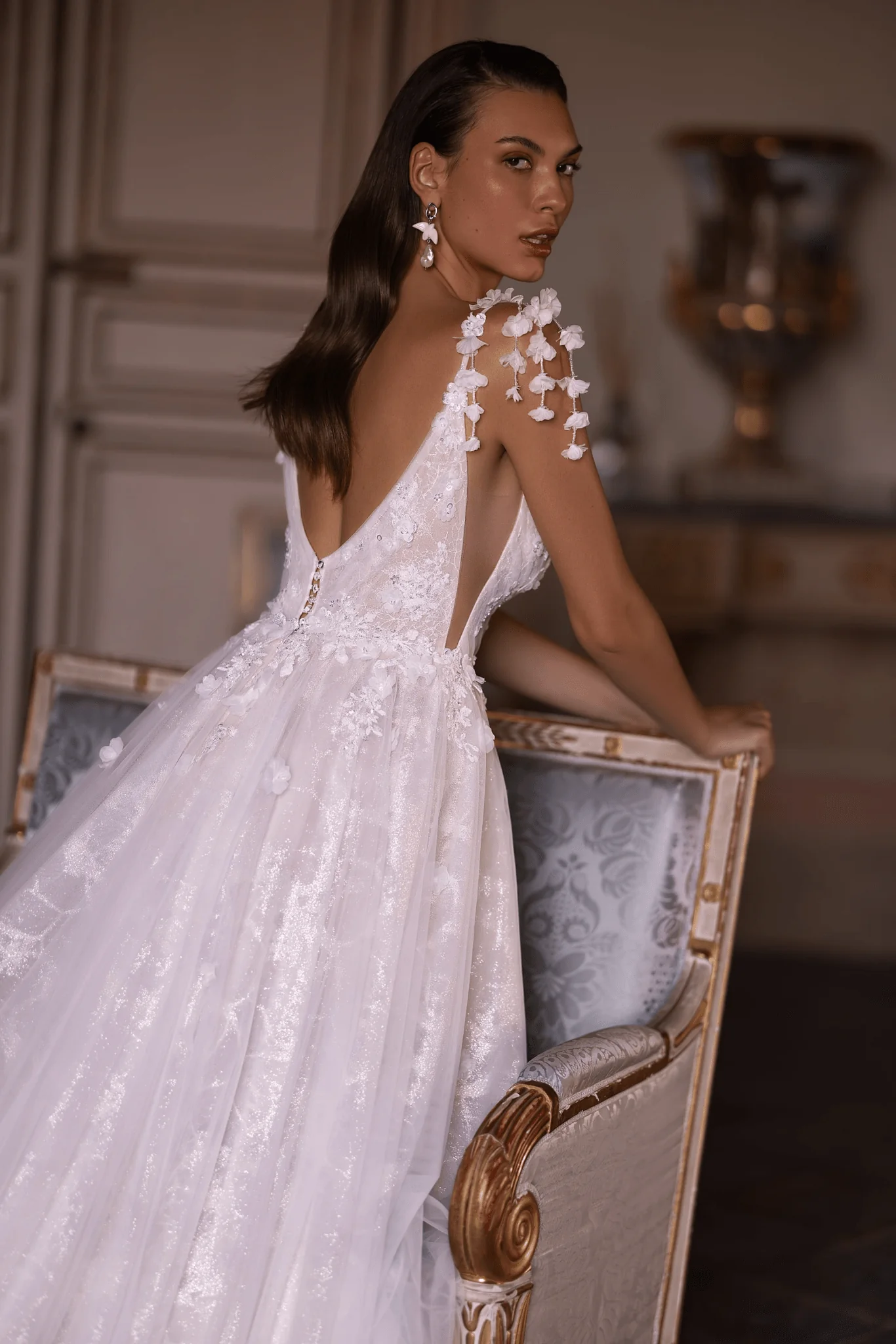 Floral Wedding Dress and Embellished Wedding Dress with Deep V-Neck - Elegant Wedding Gown with Embellished Straps Plus Size - Image 4