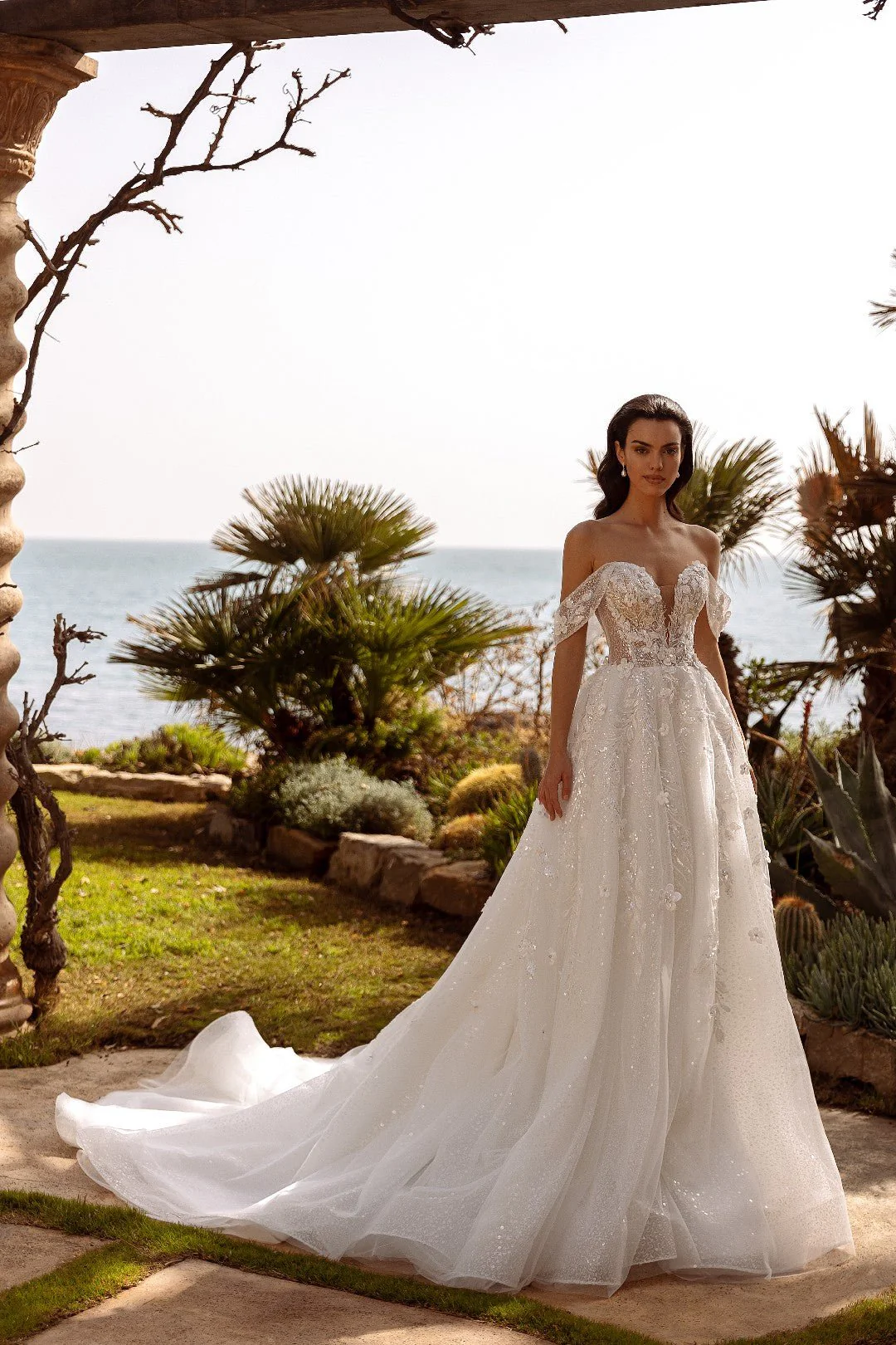 White Off-Shoulder Sheer Wedding Dress with Sparkling Sequins and Floral Lace - Plus Size-Florencia