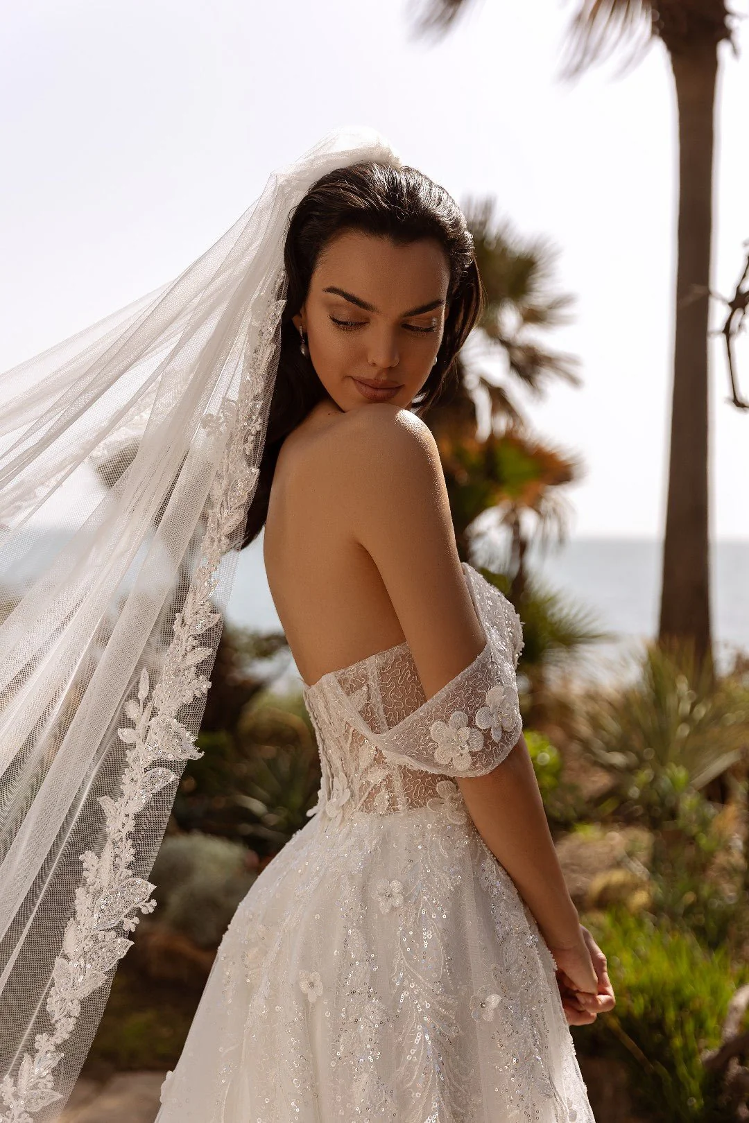 White Off-Shoulder Sheer Wedding Dress with Sparkling Sequins and Floral Lace - Plus Size-Florencia - Image 2