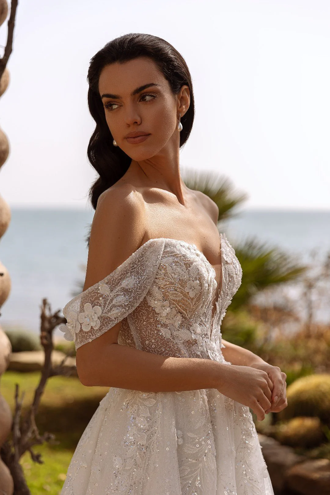 White Off-Shoulder Sheer Wedding Dress with Sparkling Sequins and Floral Lace - Plus Size-Florencia - Image 3